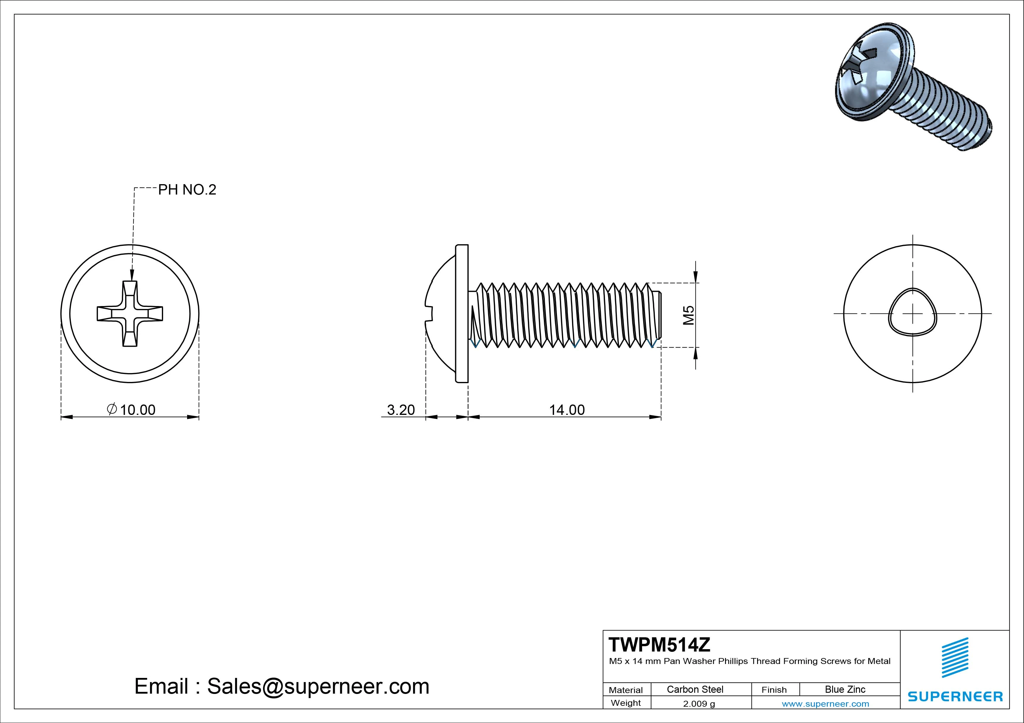 M5 × 14mm Pan Washer Phillips Thread Forming Screws for Metal Steel Blue Zinc Plated