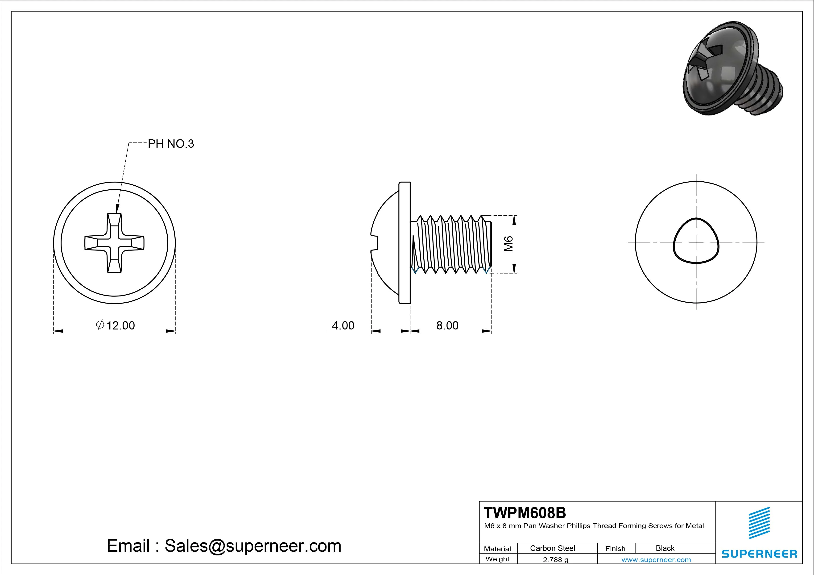 M6 × 8mm Pan Washer Phillips Thread Forming Screws for Metal Steel Black