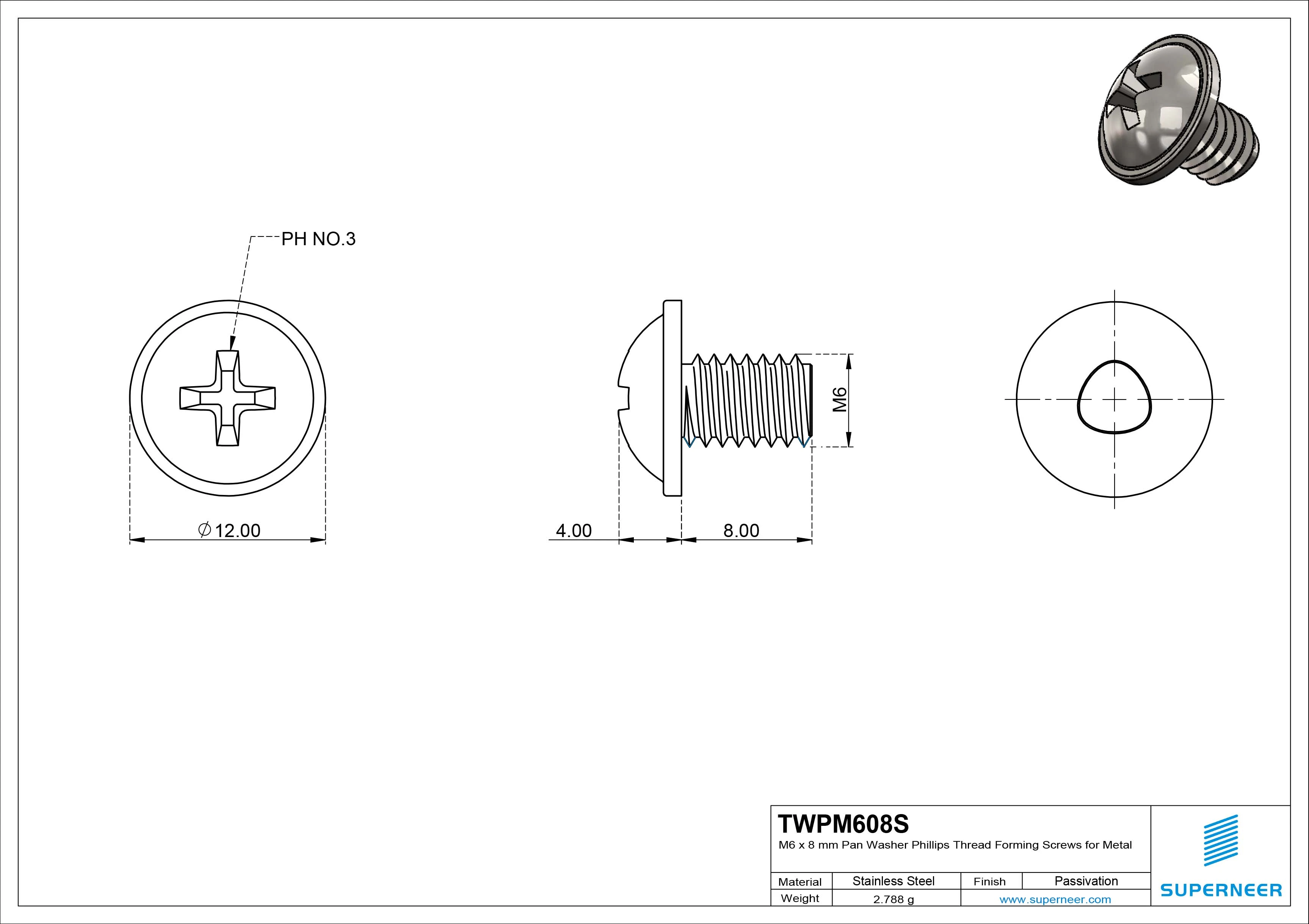 M6 × 8mm Pan Washer Phillips Thread Forming Screws for Metal SUS304 Stainless Steel Inox