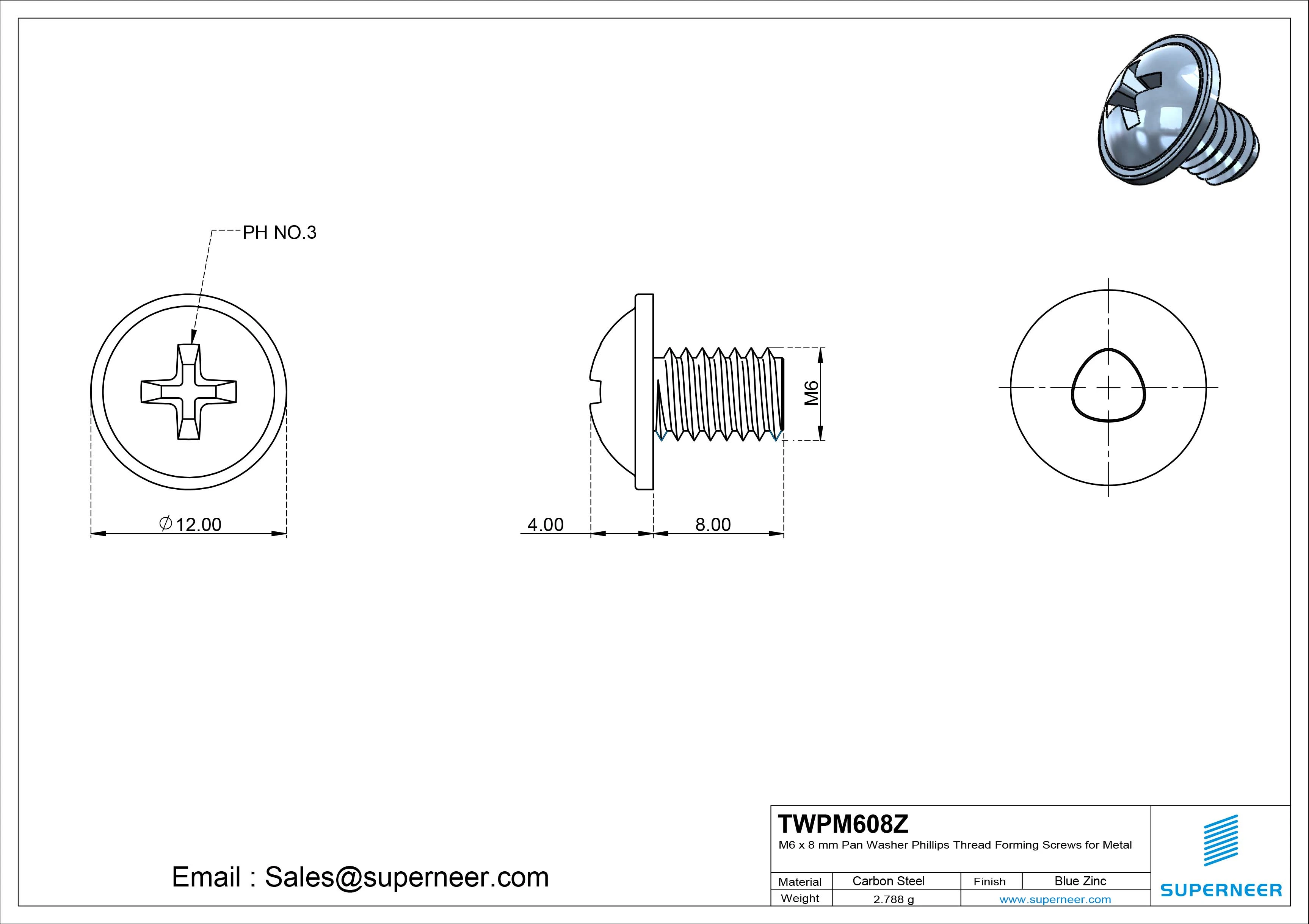 M6 × 8mm Pan Washer Phillips Thread Forming Screws for Metal Steel Blue Zinc Plated