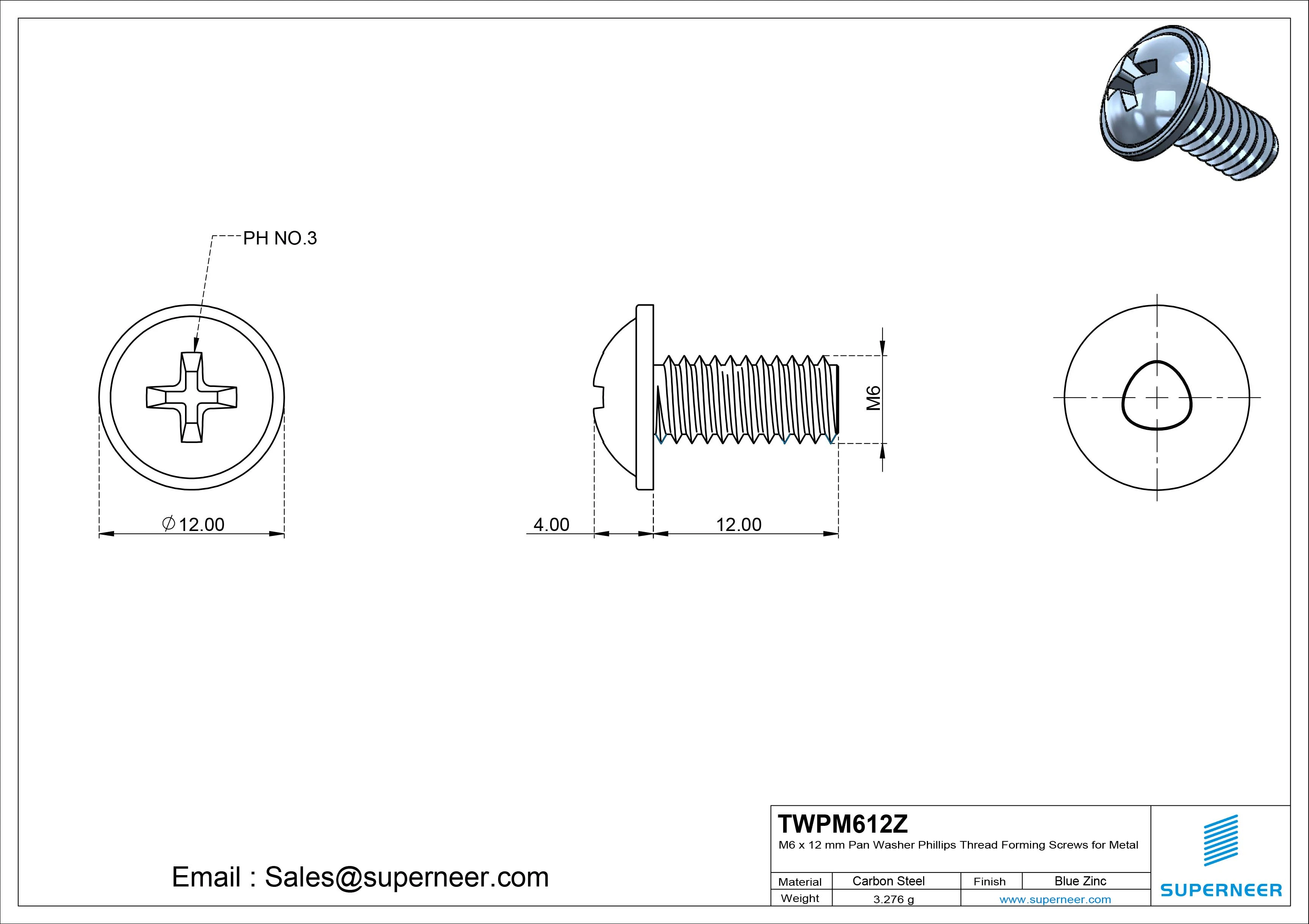 M6 × 12mm Pan Washer Phillips Thread Forming Screws for Metal Steel Blue Zinc Plated