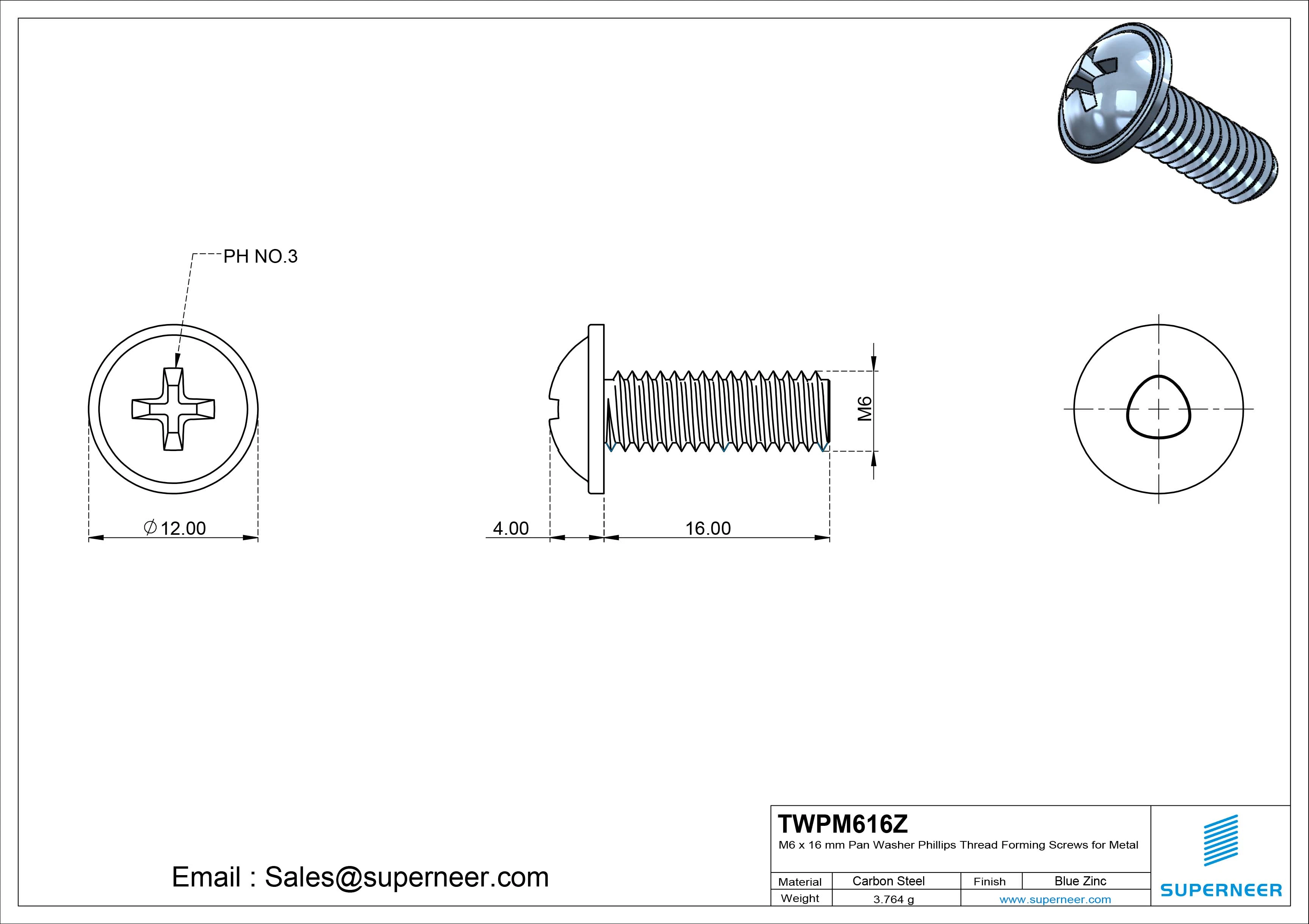 M6 × 16mm Pan Washer Phillips Thread Forming Screws for Metal Steel Blue Zinc Plated