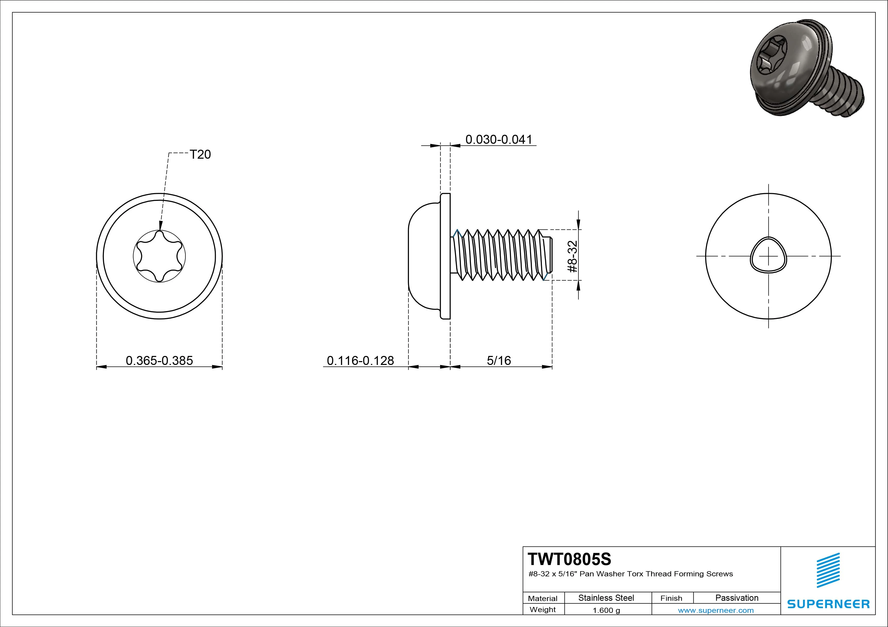 8-32 × 5/16 Pan Washer Torx Thread Forming  Screws for Metal  SUS304 Stainless Steel Inox