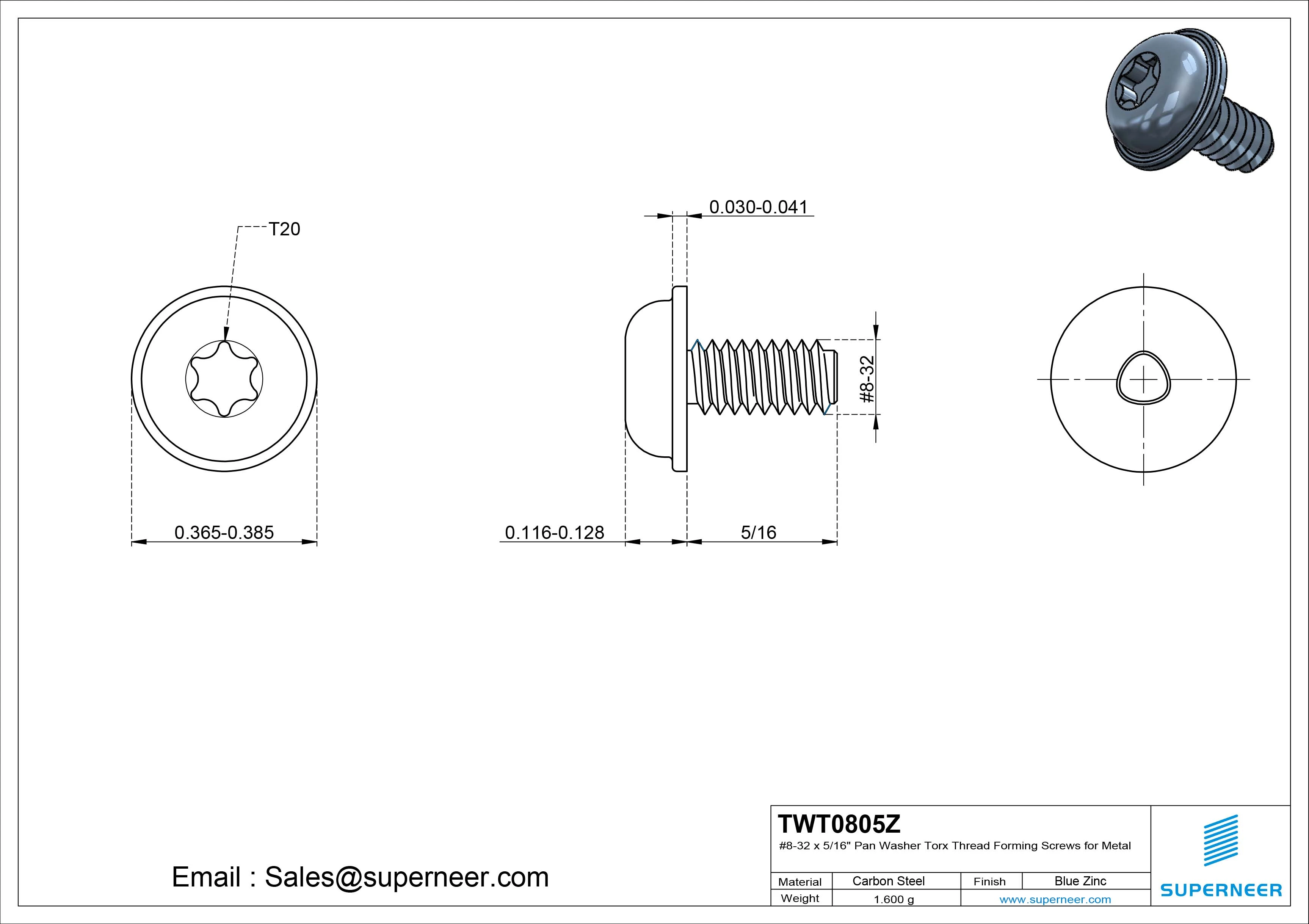 8-32 × 5/16 Pan Washer Torx Thread Forming  Screws for Metal  Steel Blue Zinc Plated