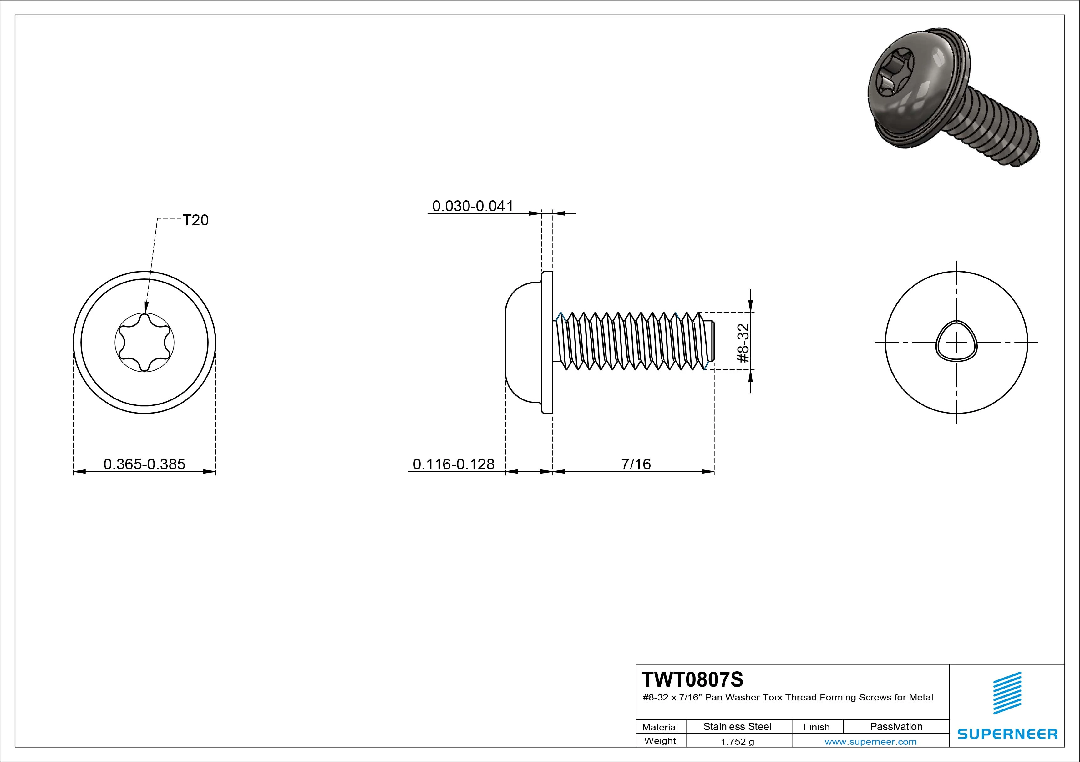 8-32 × 7/16 Pan Washer Torx Thread Forming  Screws for Metal  SUS304 Stainless Steel Inox