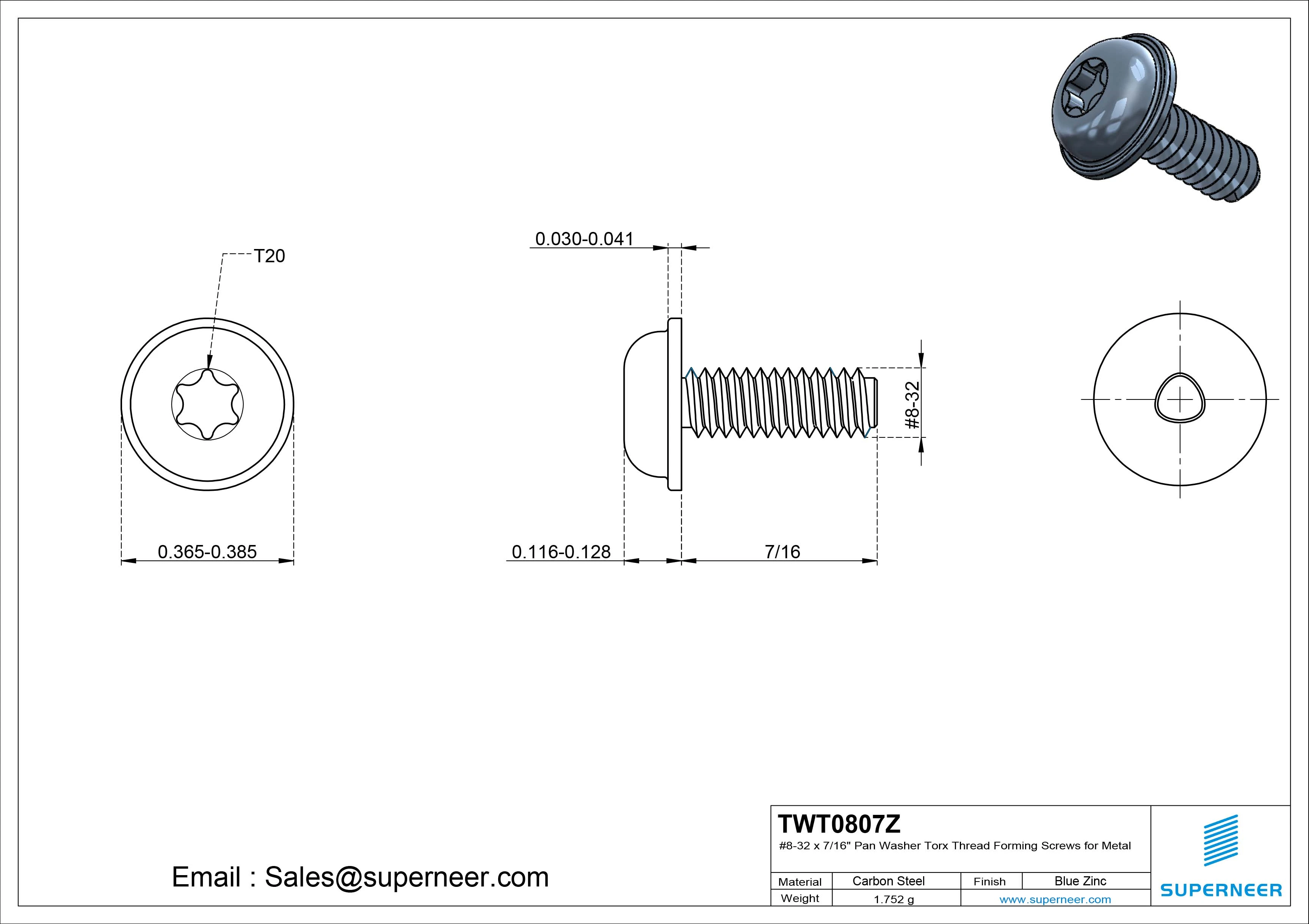 8-32 × 7/16 Pan Washer Torx Thread Forming  Screws for Metal  Steel Blue Zinc Plated