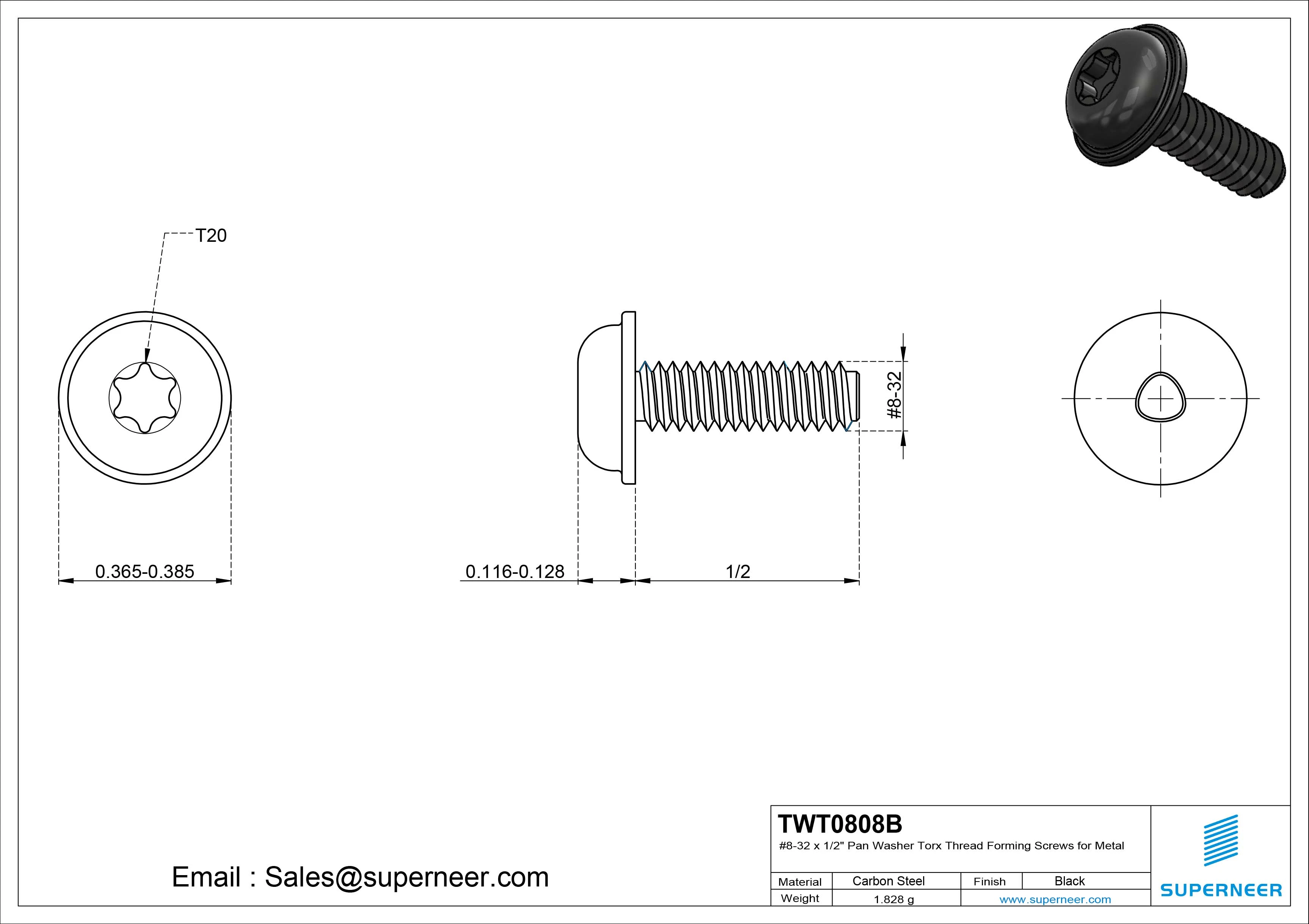 8-32 × 1/2 Pan Washer Torx Thread Forming  Screws for Metal  Steel Black
