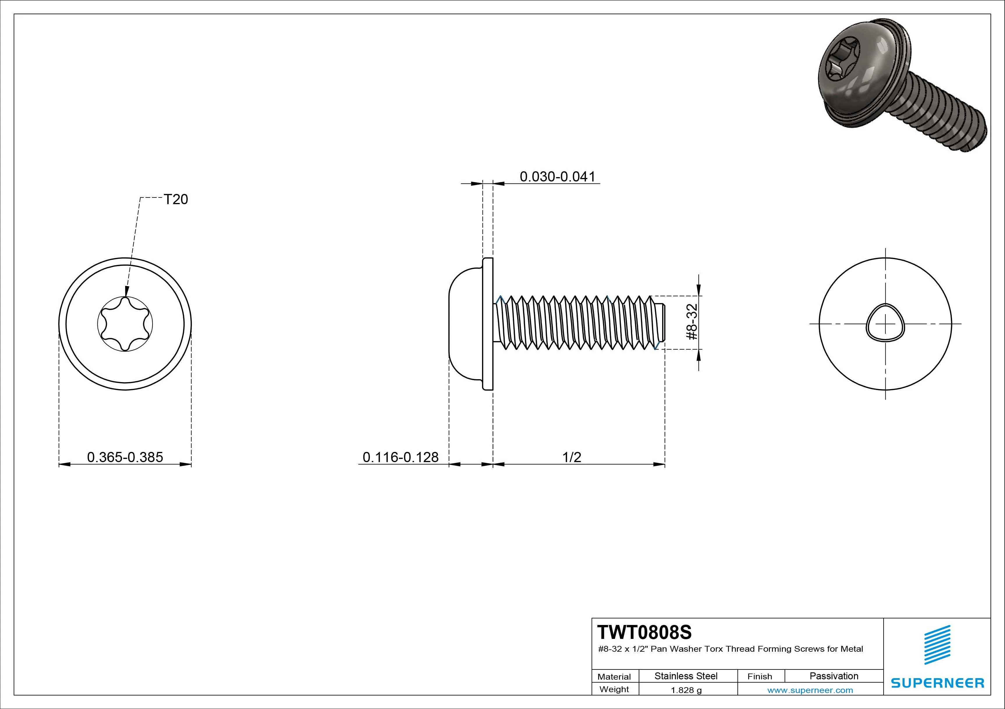 8-32 × 1/2 Pan Washer Torx Thread Forming  Screws for Metal  SUS304 Stainless Steel Inox