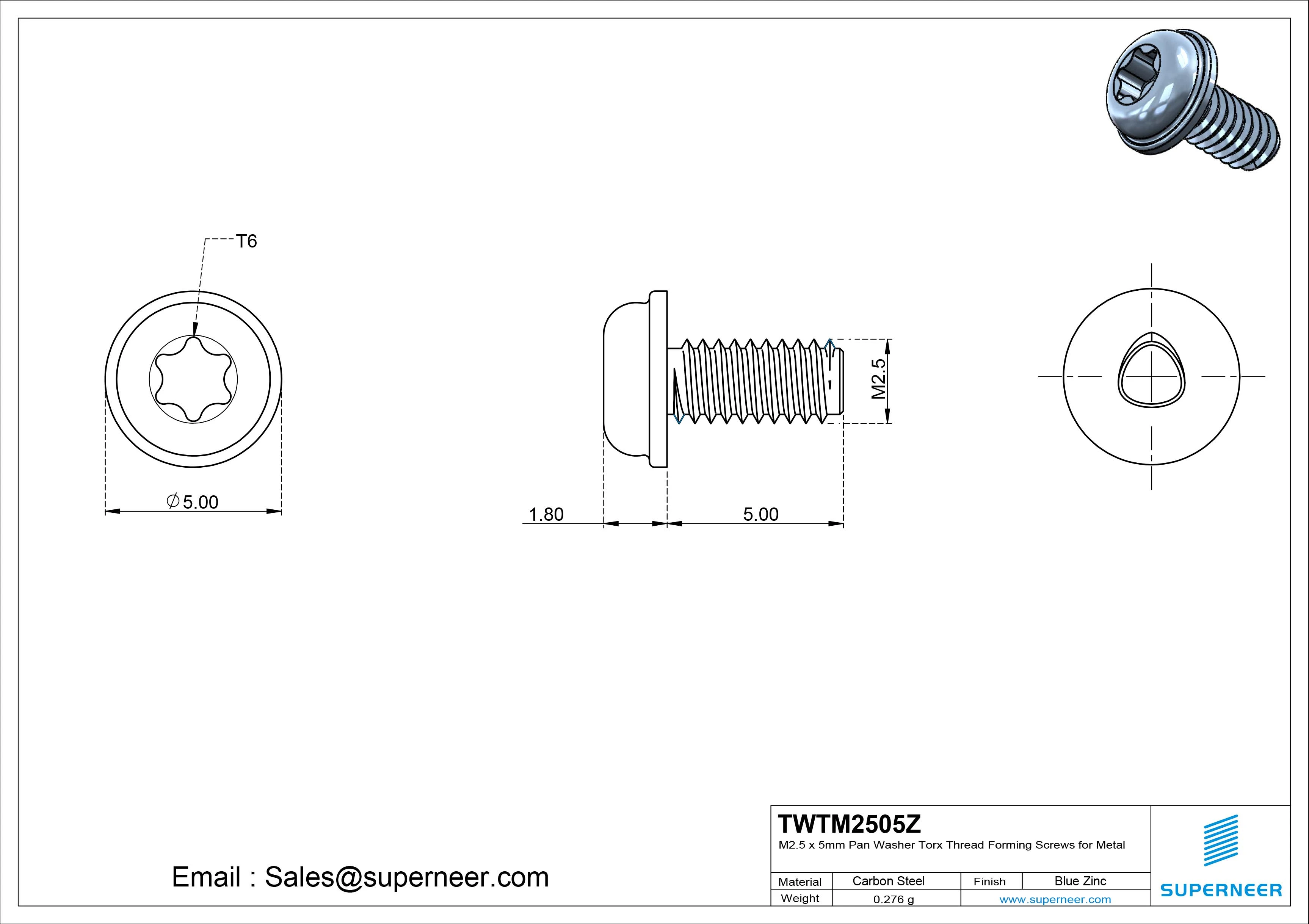 M2.5 × 5mm Pan Washer Torx Thread Forming Screws for Metal Steel Blue Zinc Plated