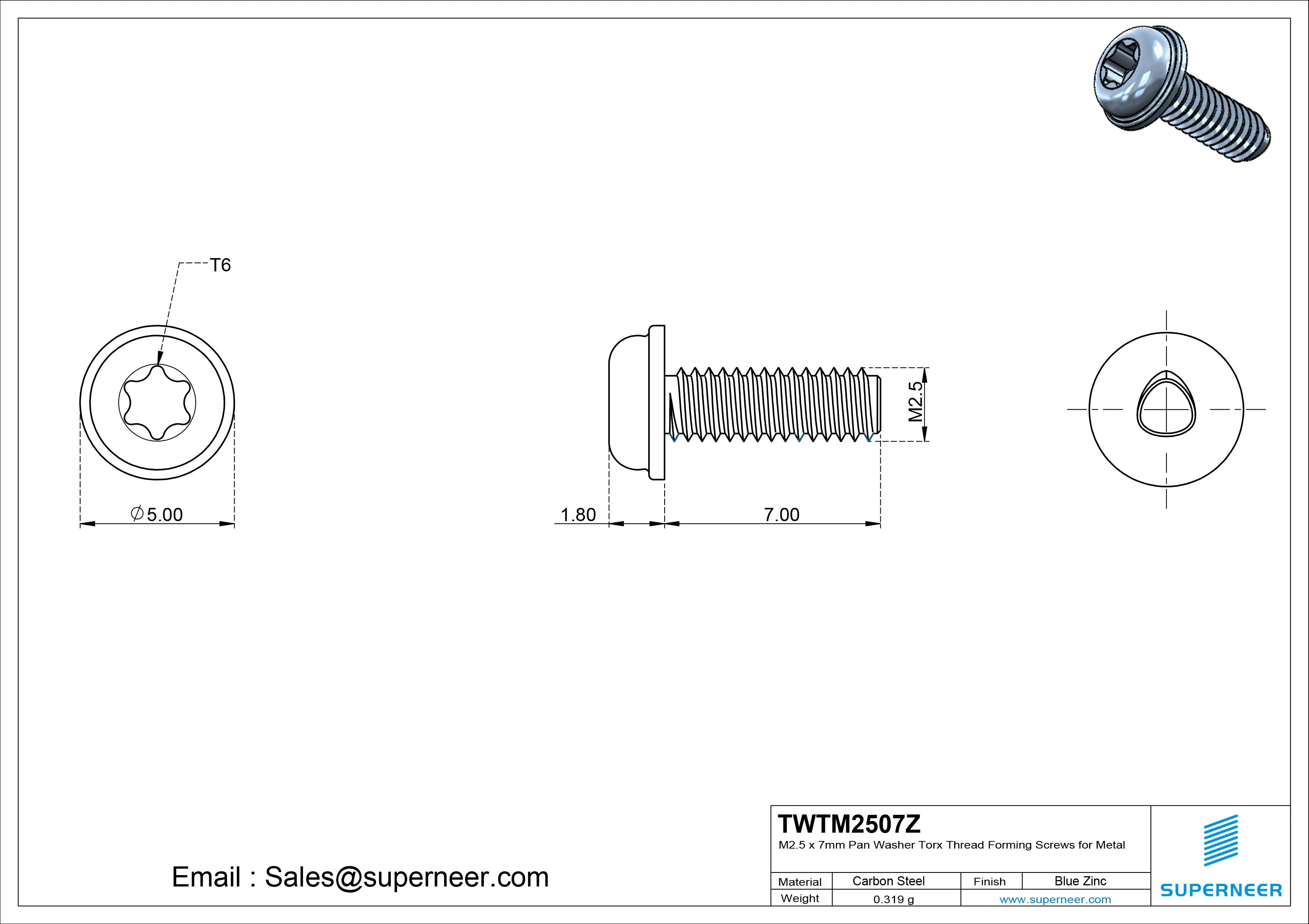 M2.5 × 7mm Pan Washer Torx Thread Forming Screws for Metal Steel Blue Zinc Plated