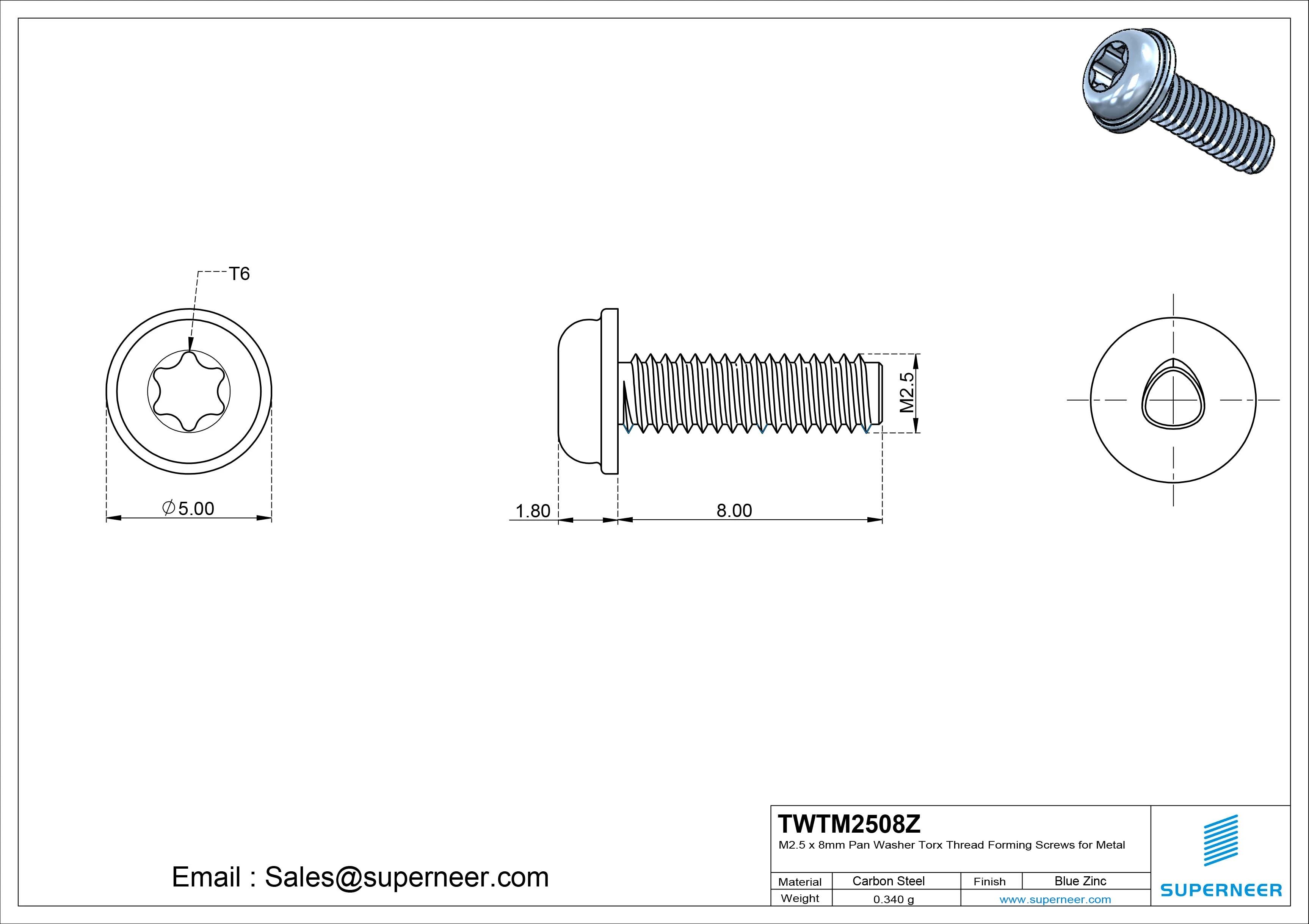 M2.5 × 8mm Pan Washer Torx Thread Forming Screws for Metal Steel Blue Zinc Plated