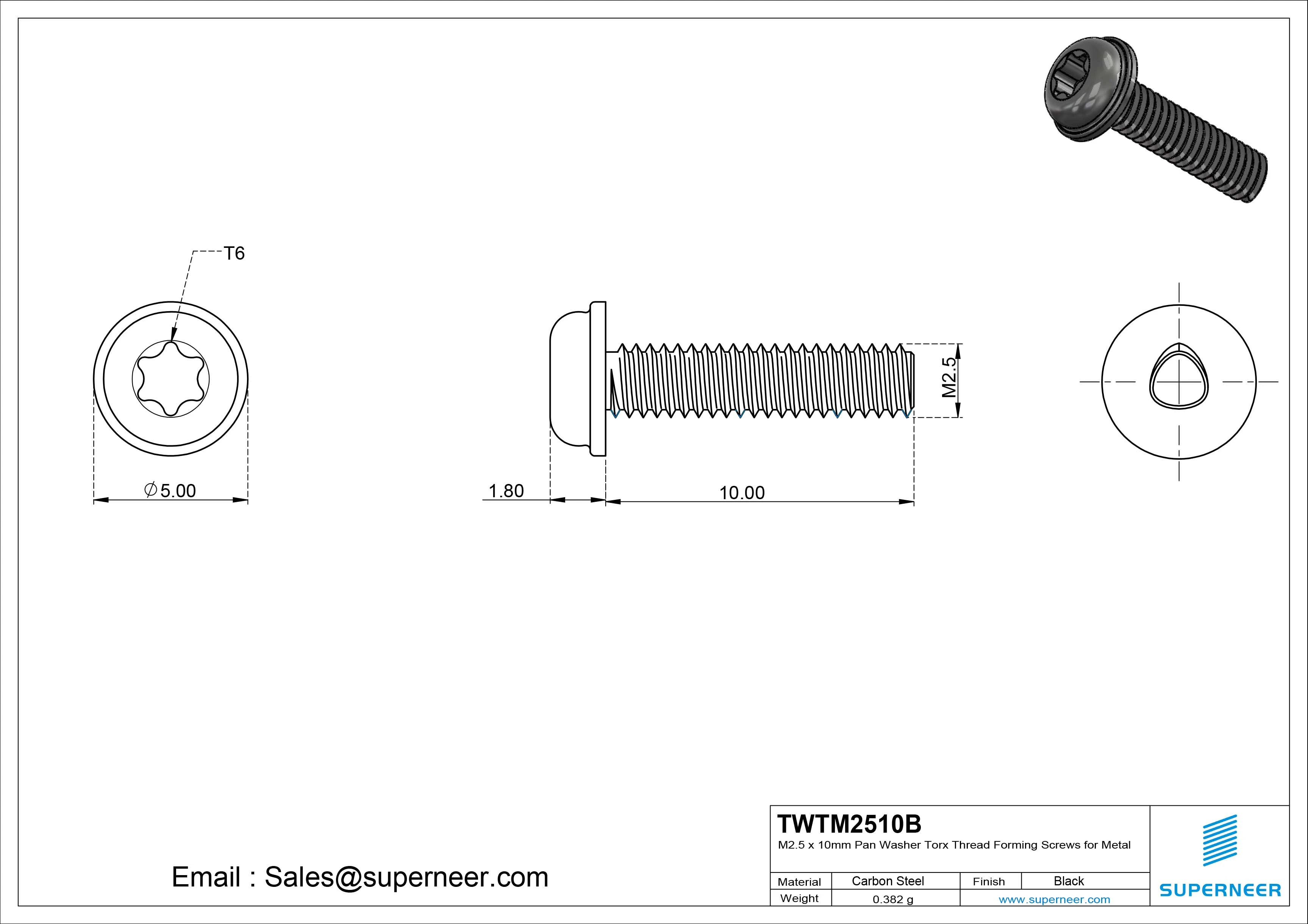 M2.5 × 10mm Pan Washer Torx Thread Forming Screws for Metal Steel Black