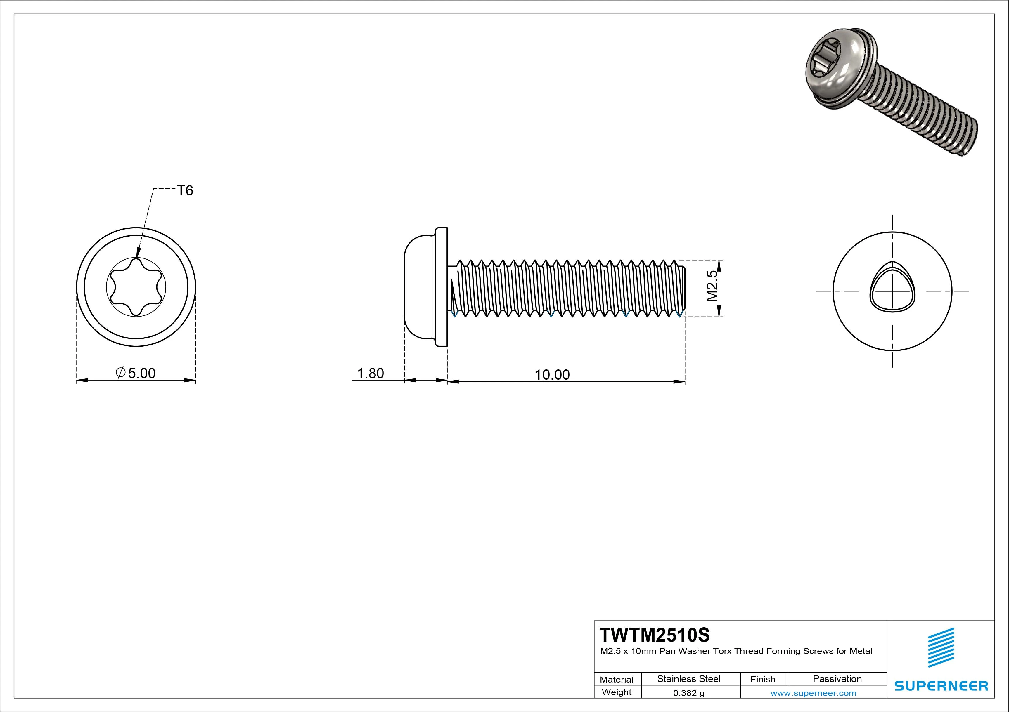 M2.5 × 10mm Pan Washer Torx Thread Forming Screws for Metal SUS304 Stainless Steel Inox