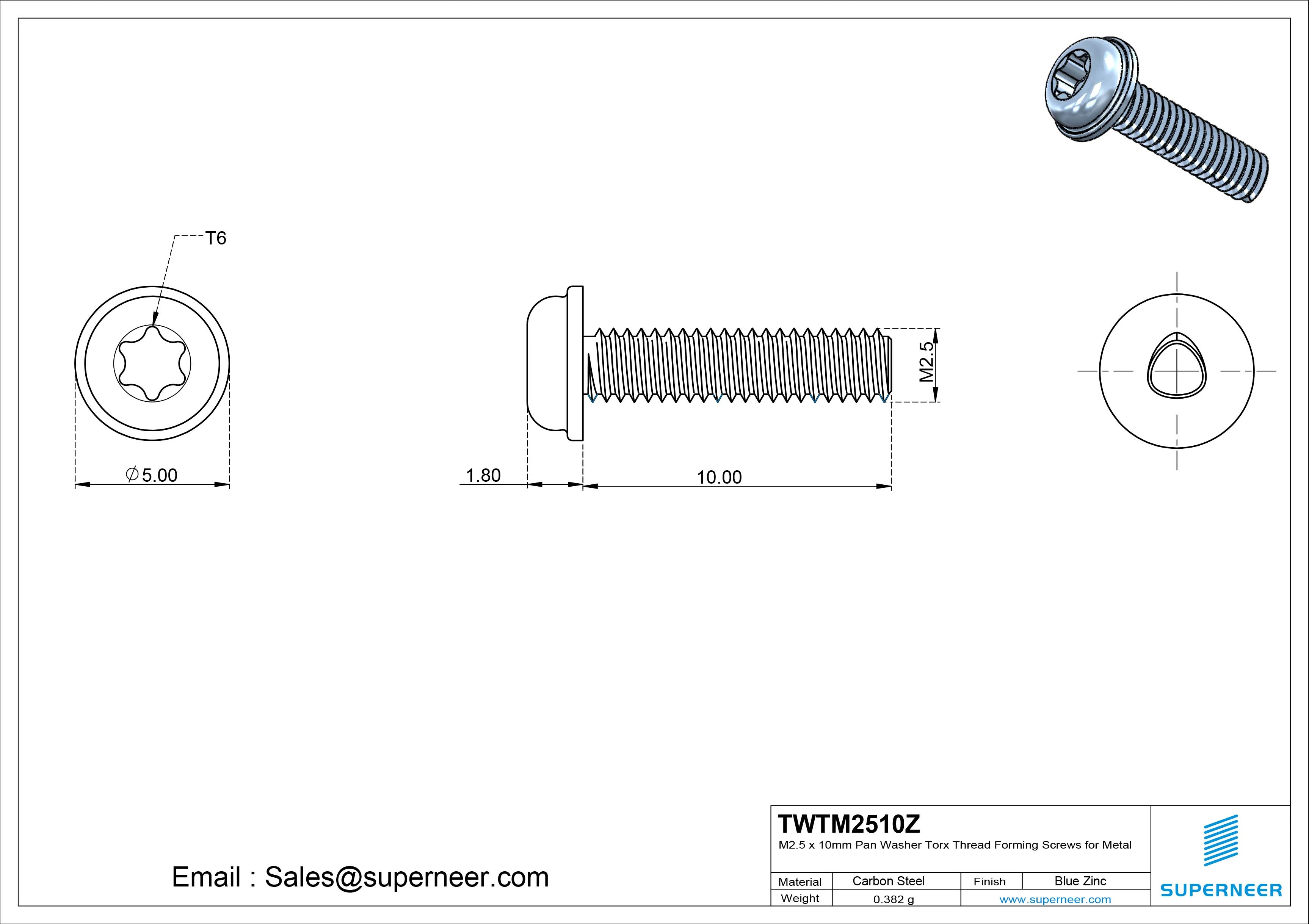 M2.5 × 10mm Pan Washer Torx Thread Forming Screws for Metal Steel Blue Zinc Plated