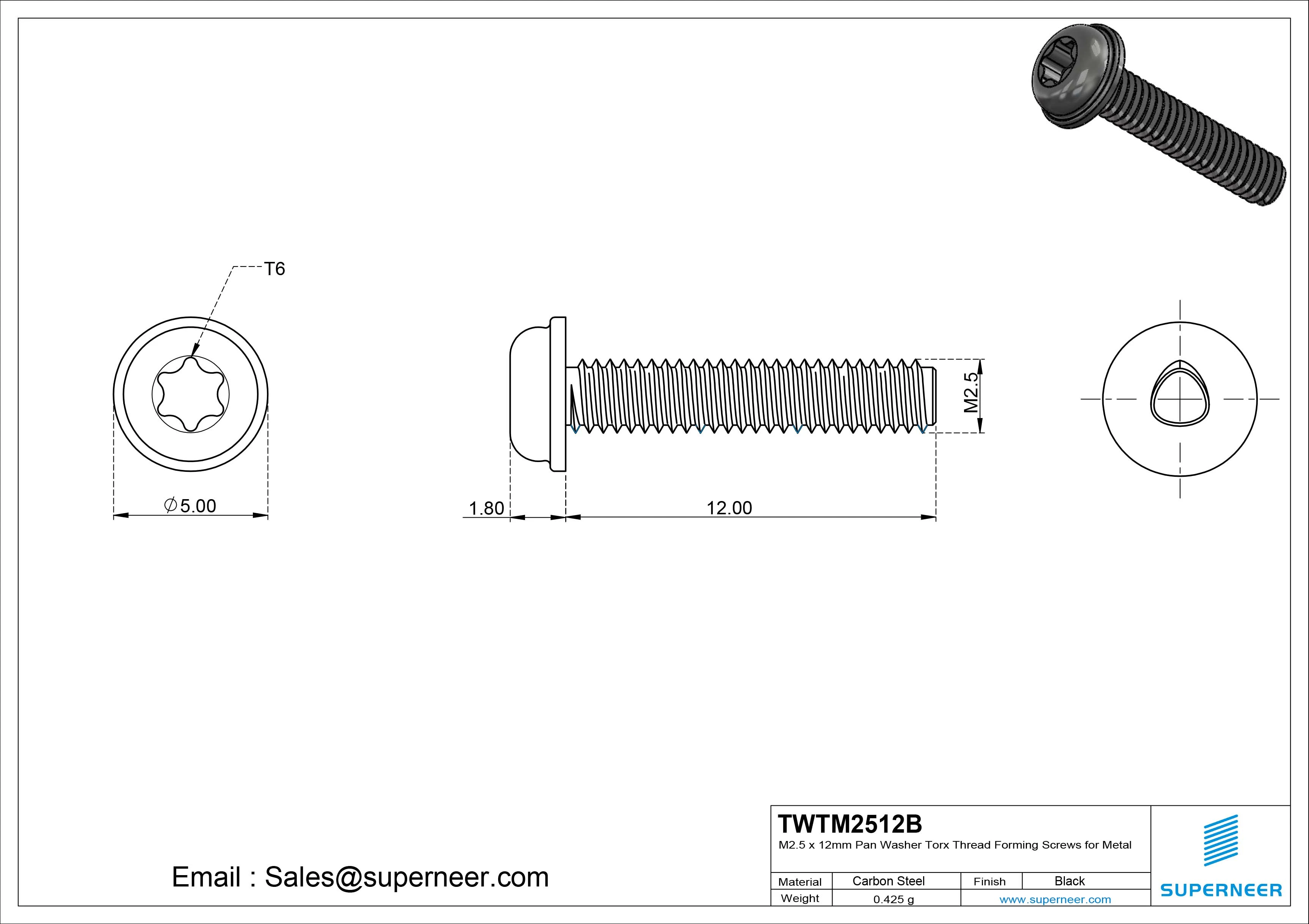 M2.5 × 12mm Pan Washer Torx Thread Forming Screws for Metal Steel Black