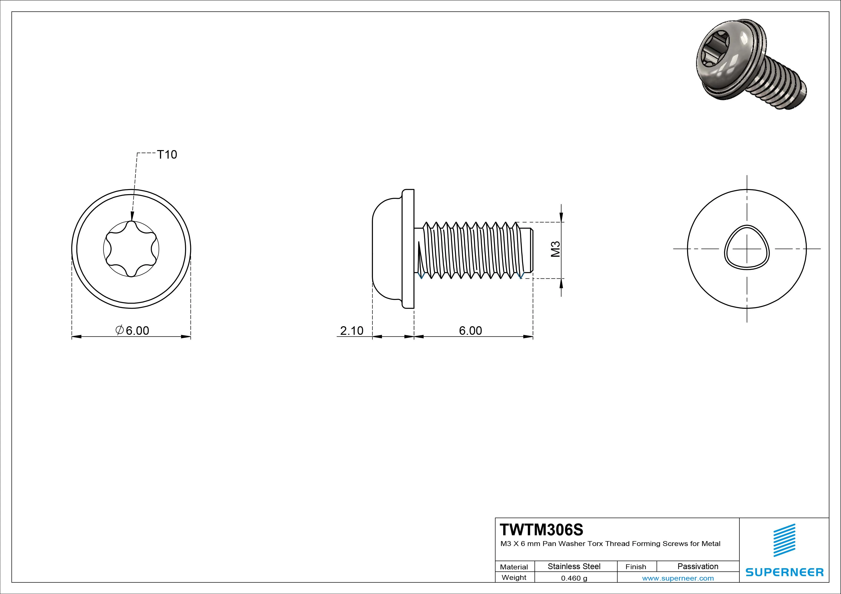 M3 × 6mm Pan Washer Torx Thread Forming Screws for Metal SUS304 Stainless Steel Inox