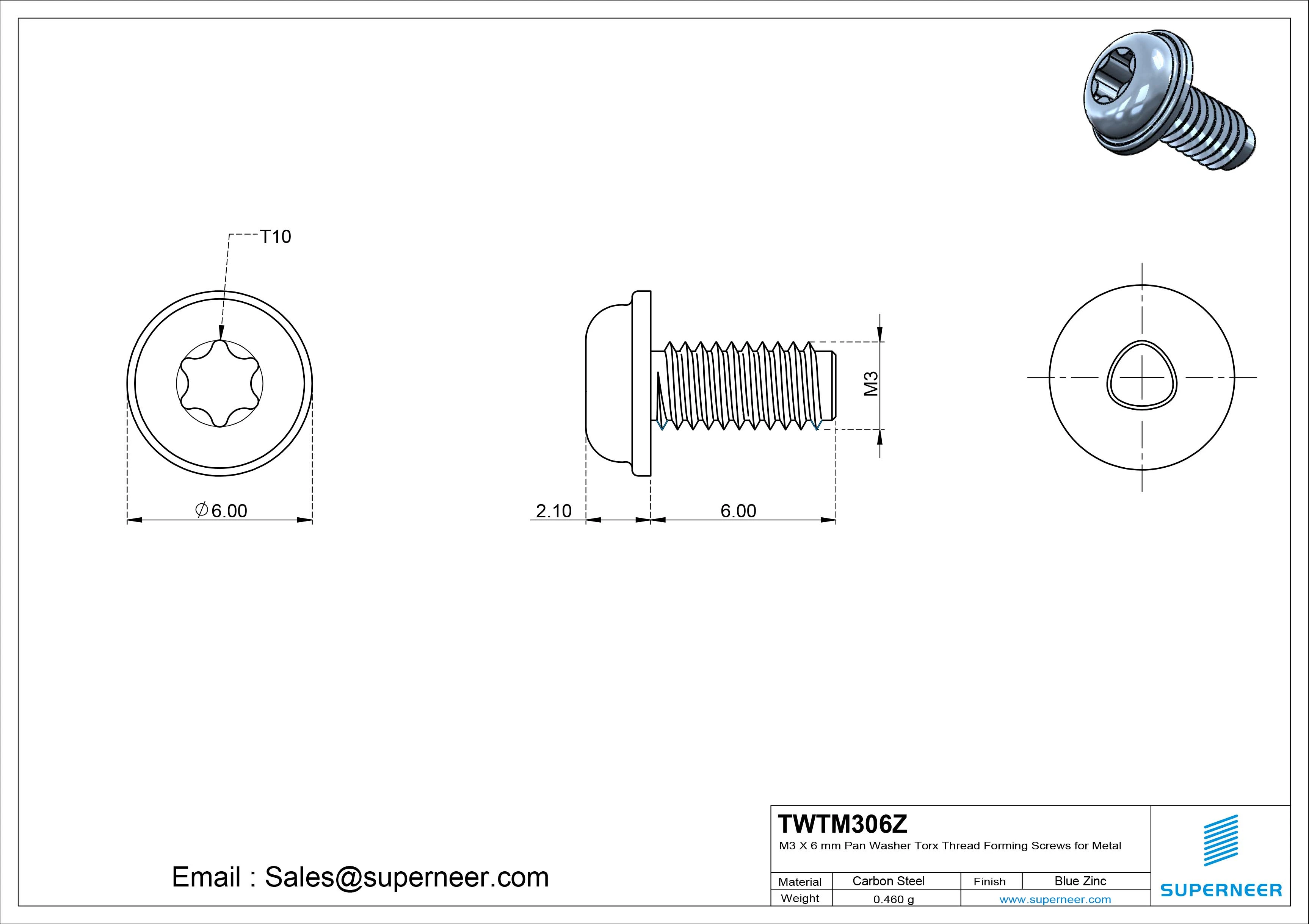 M3 × 6mm Pan Washer Torx Thread Forming Screws for Metal Steel Blue Zinc Plated