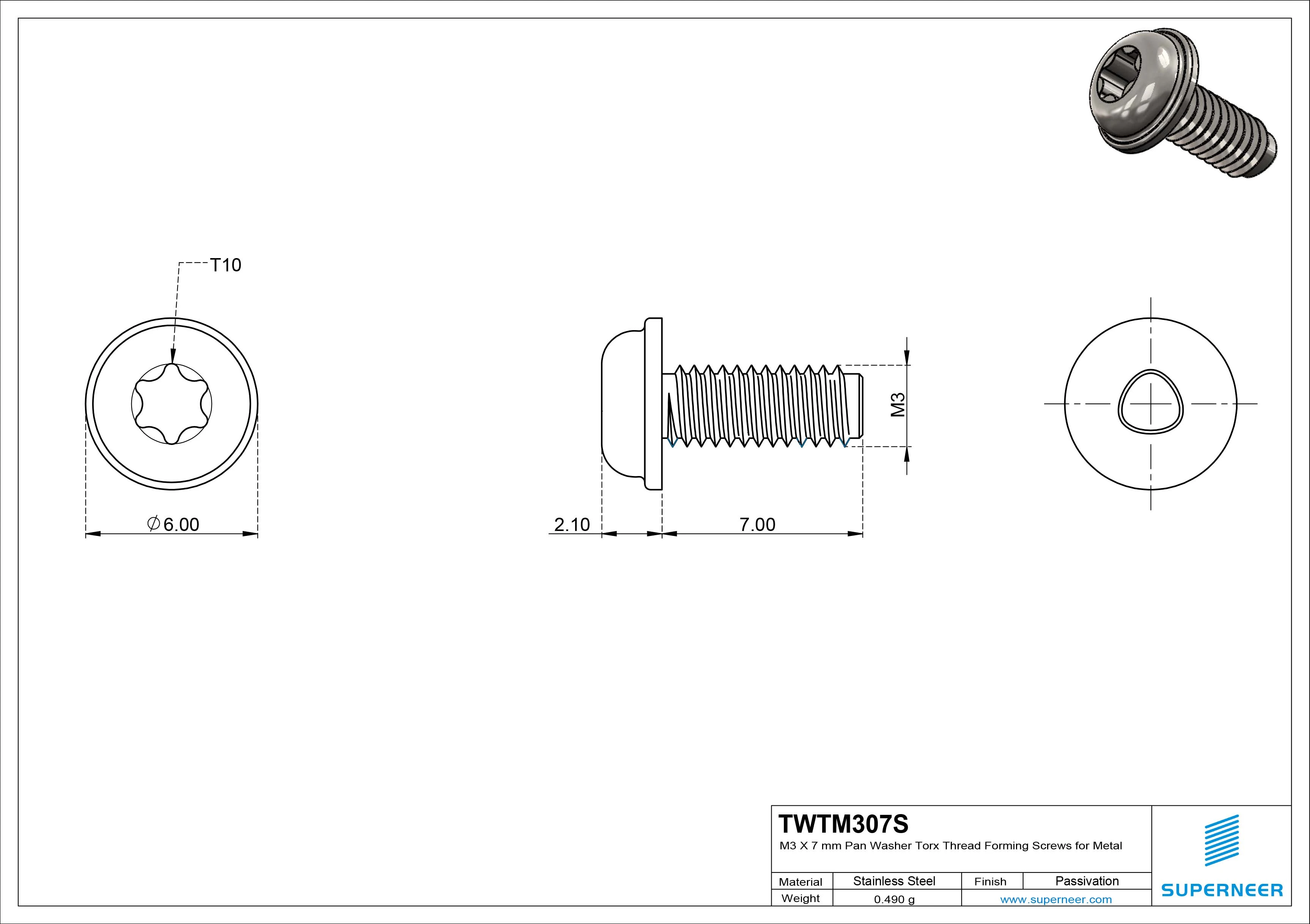 M3 × 7mm Pan Washer Torx Thread Forming Screws for Metal SUS304 Stainless Steel Inox