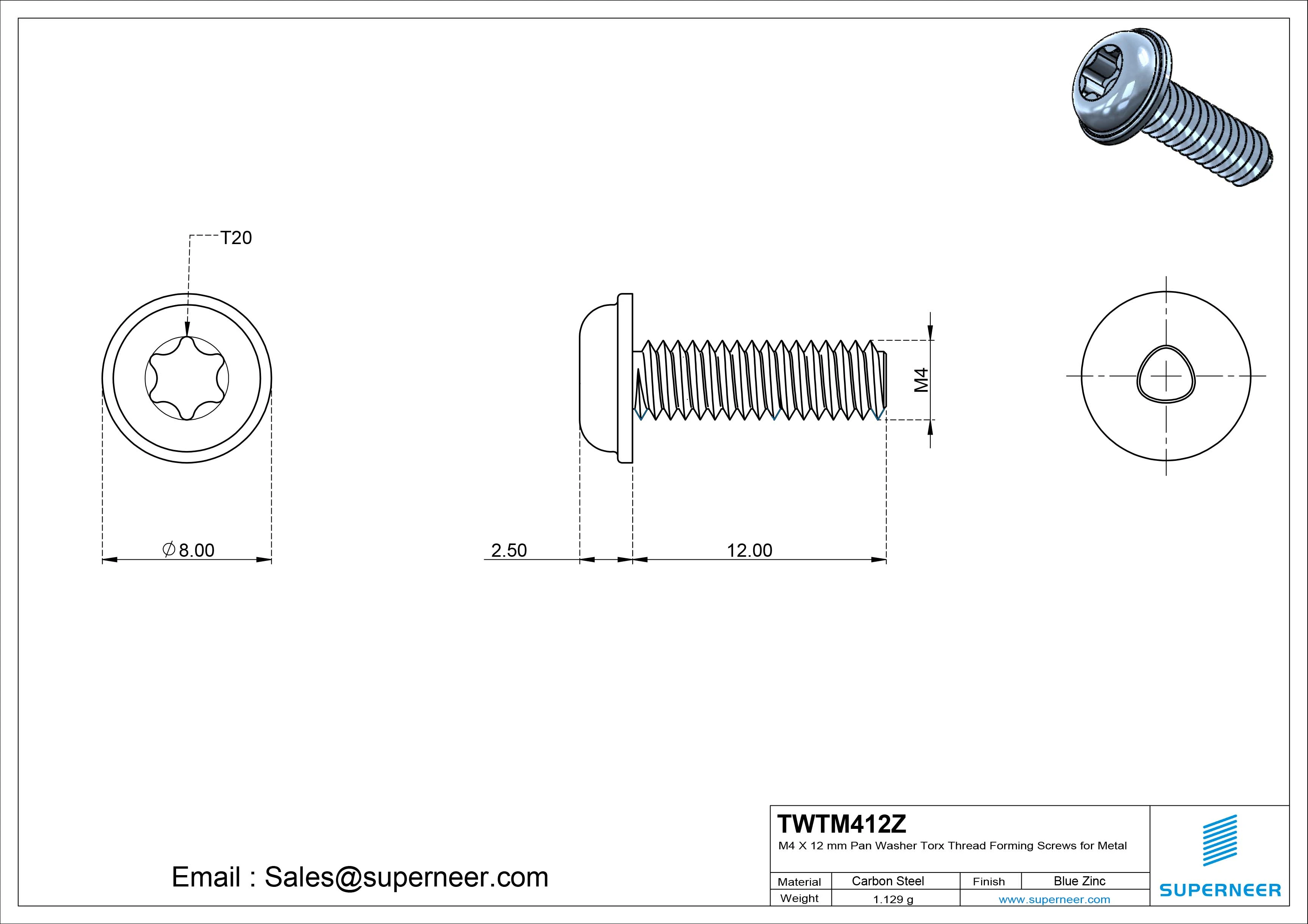 M4 × 12mm Pan Washer Torx Thread Forming Screws for Metal Steel Blue Zinc Plated