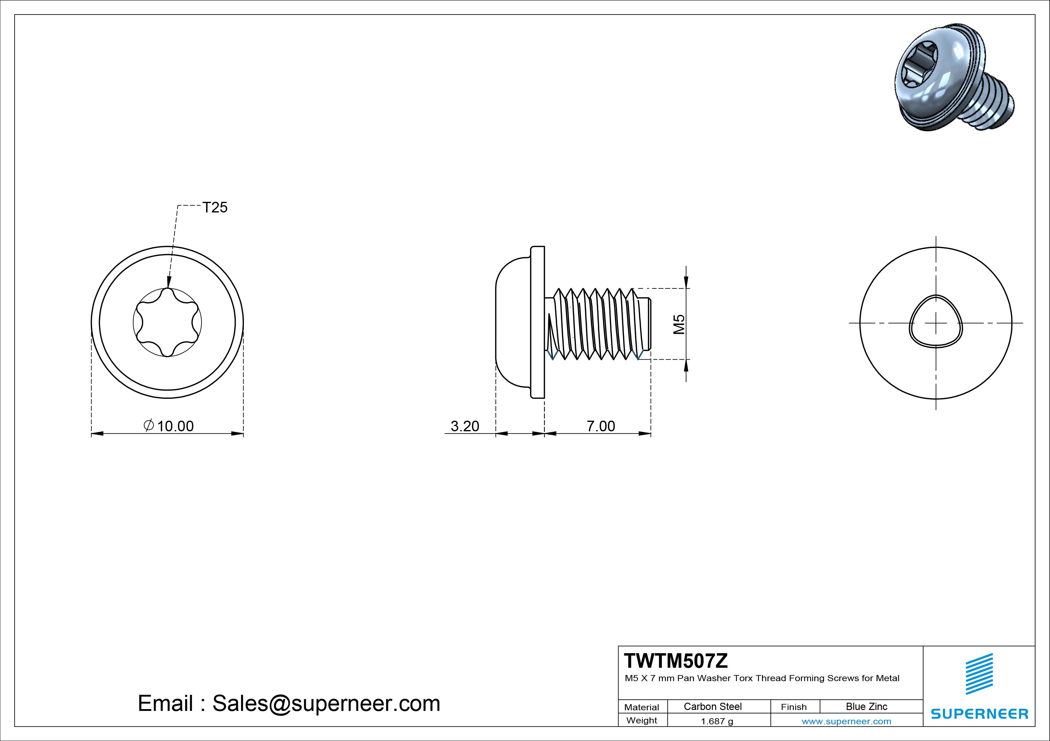 M5 × 7mm Pan Washer Torx Thread Forming Screws for Metal Steel Blue Zinc Plated