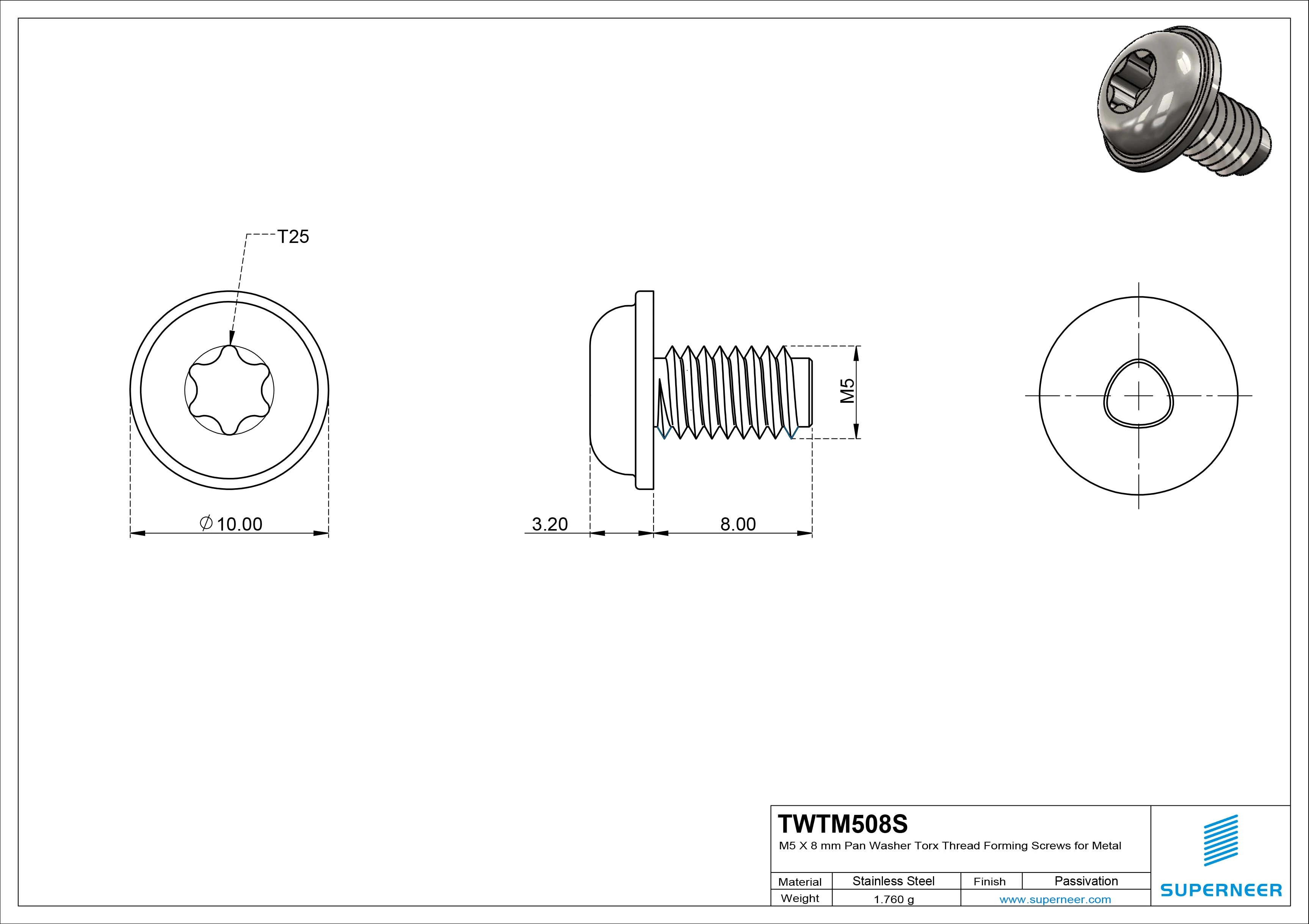 M5 × 8mm Pan Washer Torx Thread Forming Screws for Metal SUS304 Stainless Steel Inox