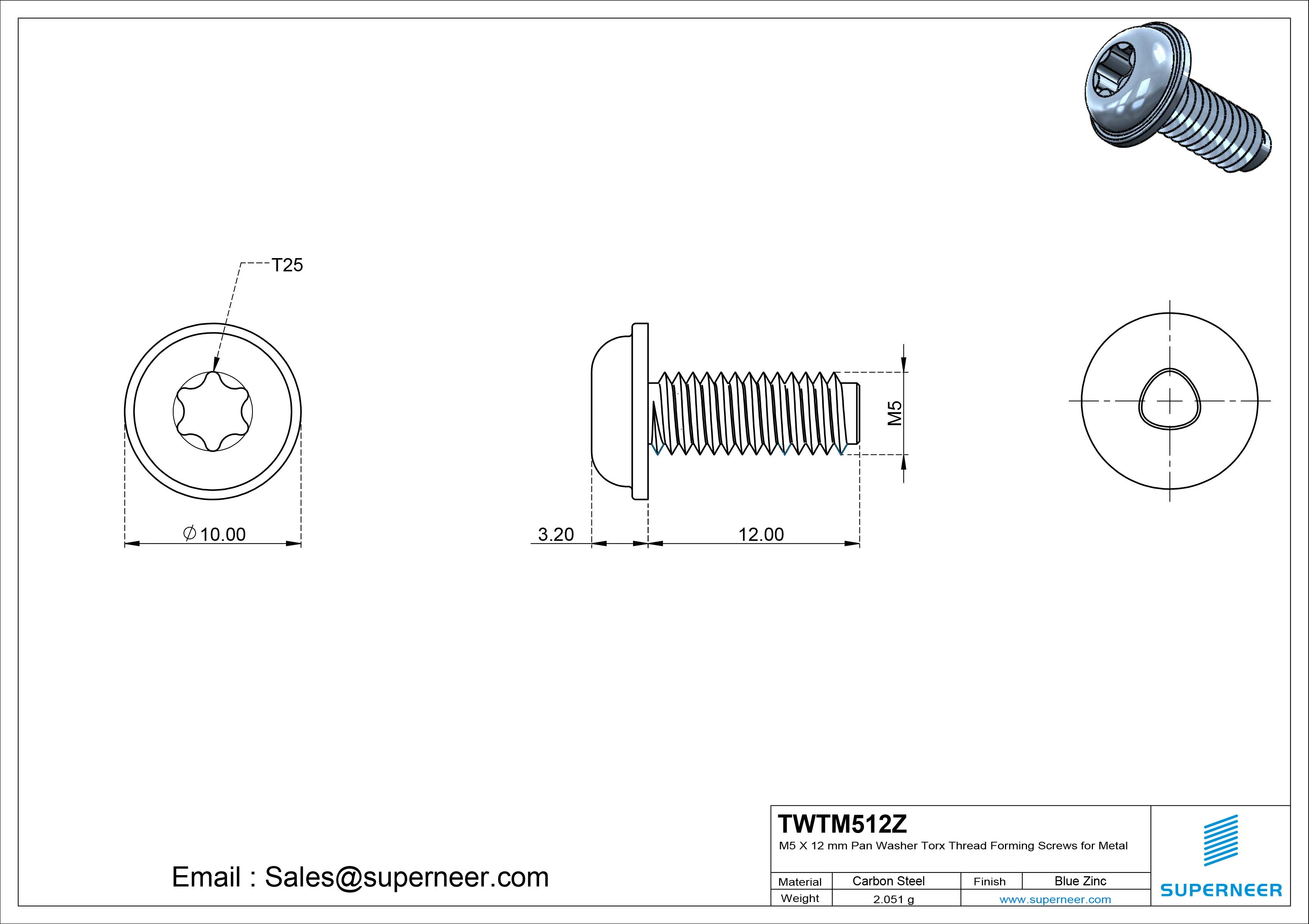 M5 × 12mm Pan Washer Torx Thread Forming Screws for Metal Steel Blue Zinc Plated