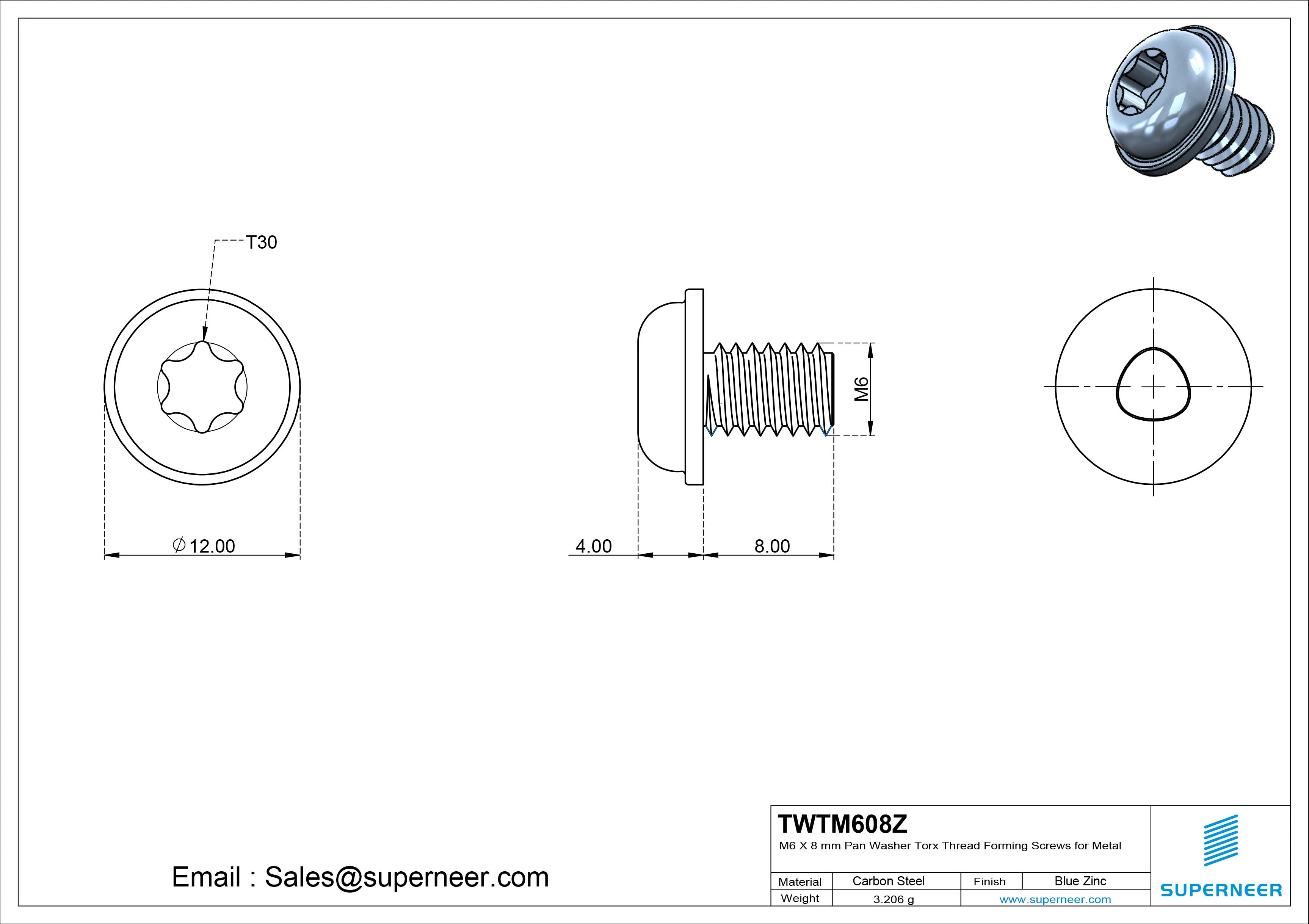 M6 × 8mm Pan Washer Torx Thread Forming Screws for Metal Steel Blue Zinc Plated