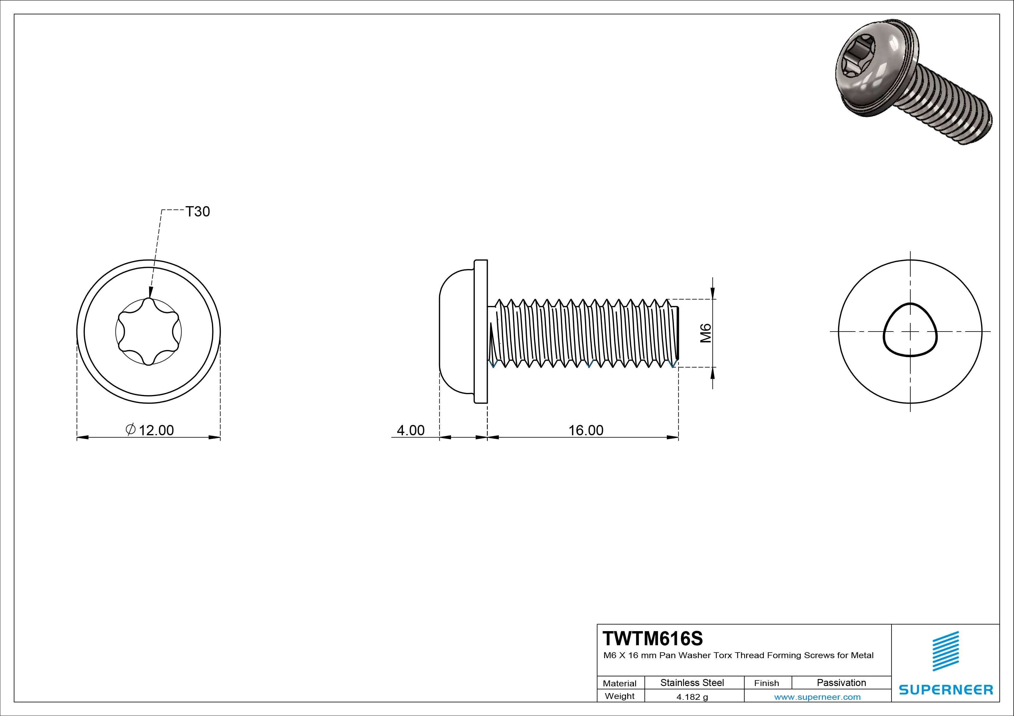 M6 × 16mm Pan Washer Torx Thread Forming Screws for Metal SUS304 Stainless Steel Inox