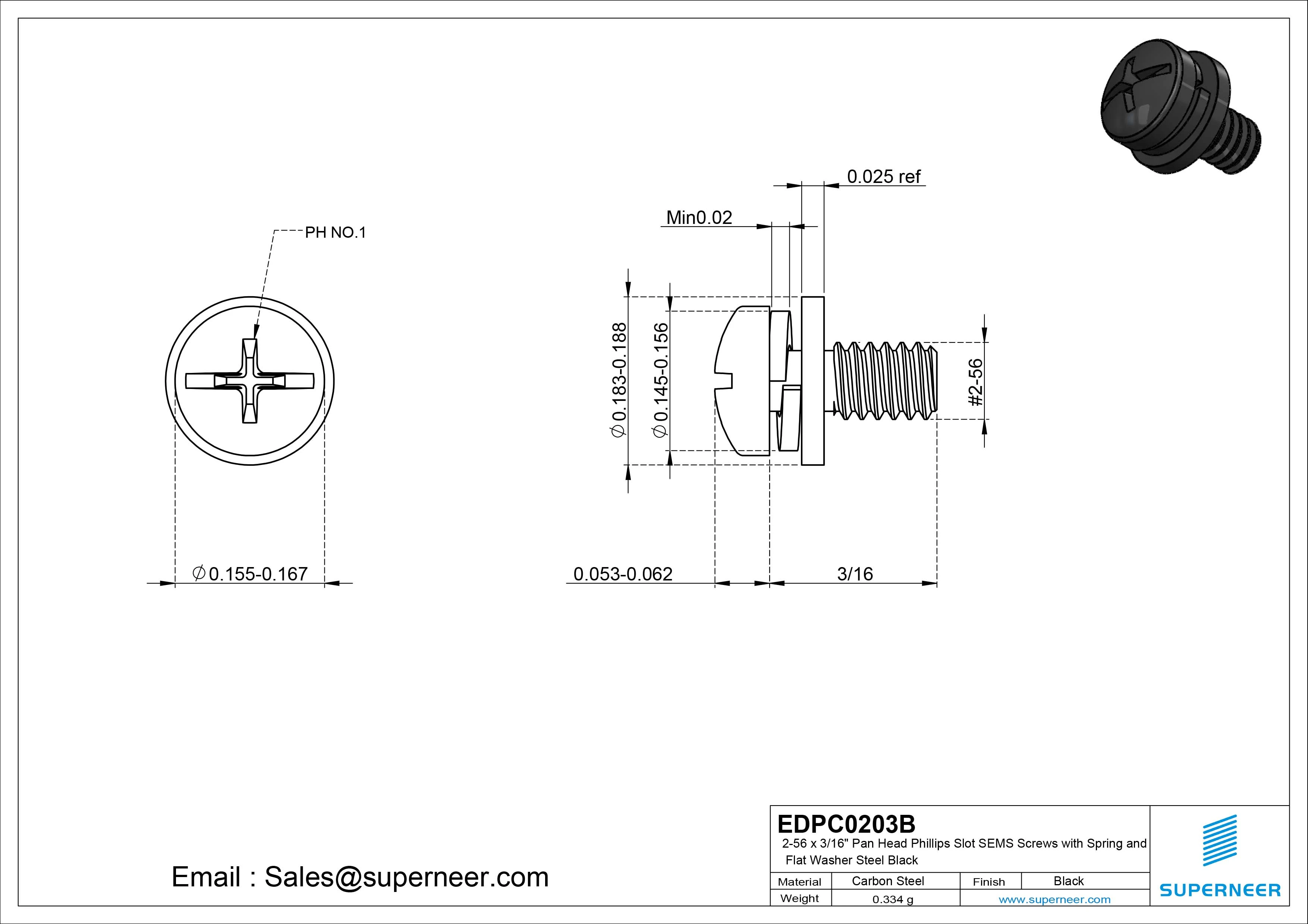 2-56 x 3/16" Pan Head Phillips Slot SEMS Screws with Spring and Flat Washer Steel Black