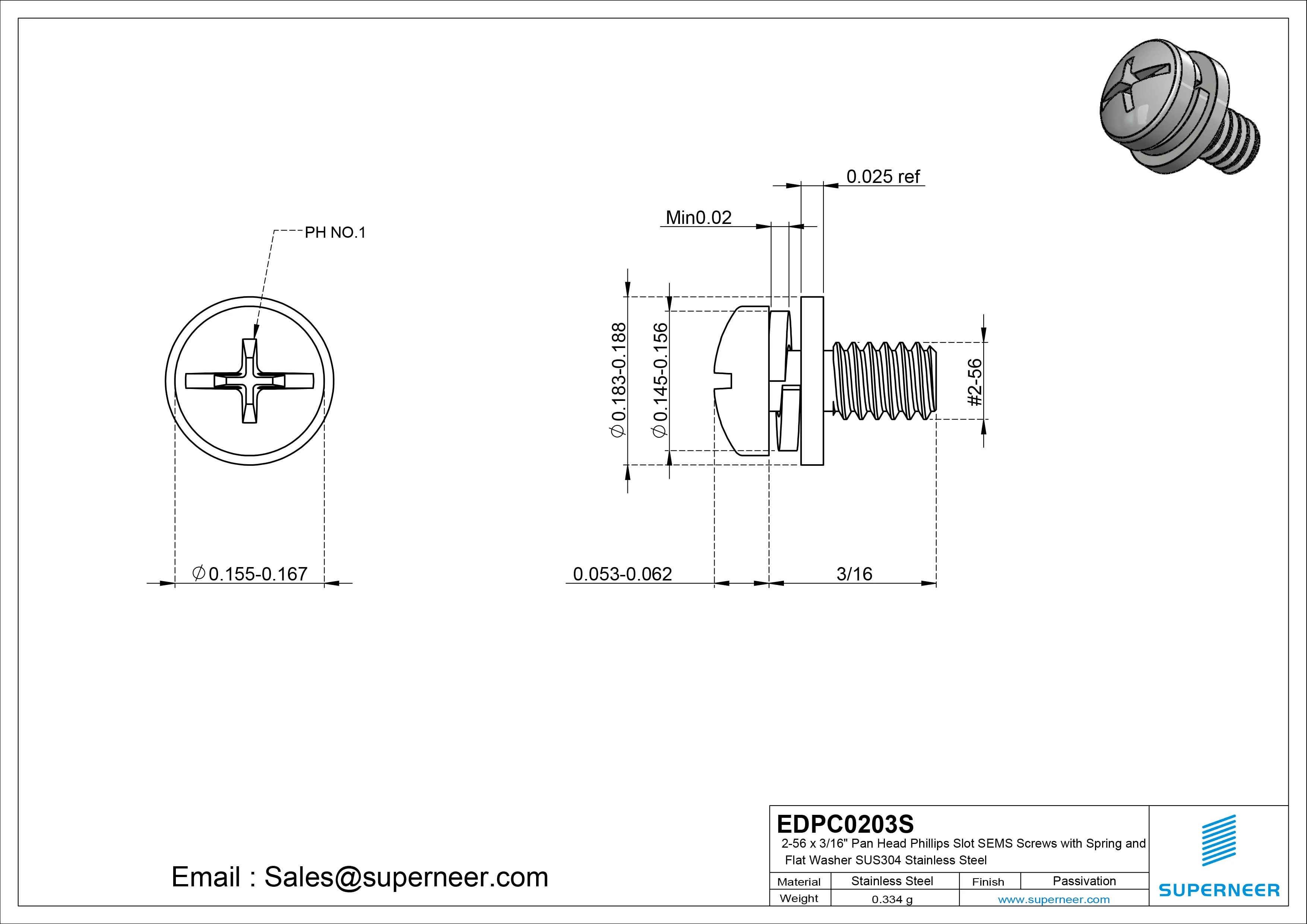 2-56 x 3/16" Pan Head Phillips Slot SEMS Screws with Spring and Flat Washer SUS304 Stainless Steel Inox