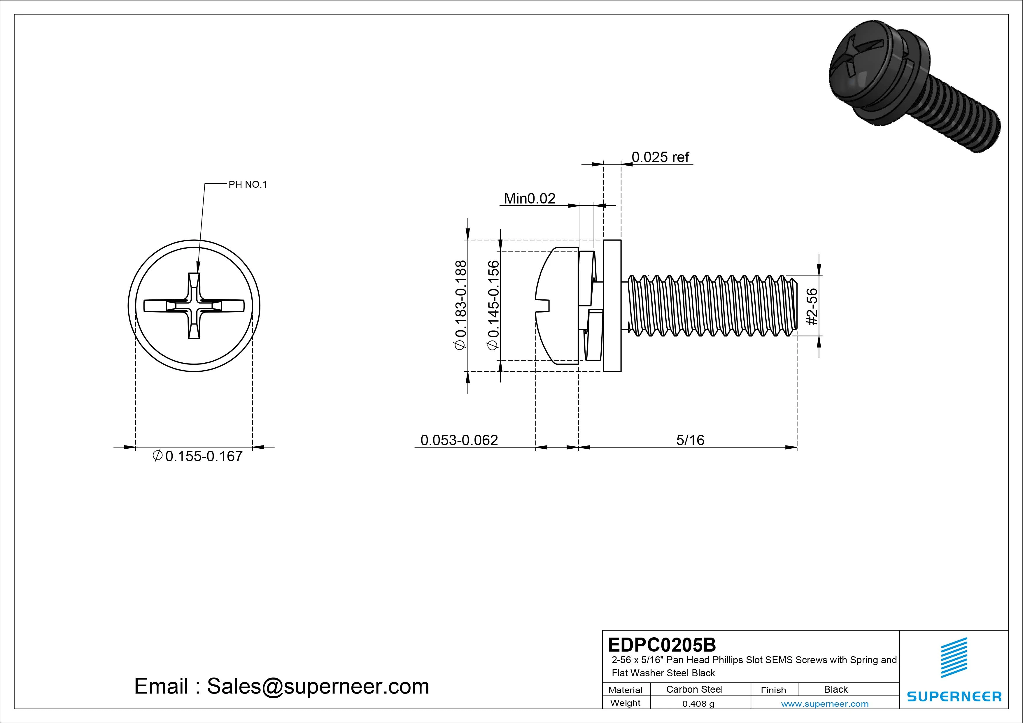 2-56 x 5/16" Pan Head Phillips Slot SEMS Screws with Spring and Flat Washer Steel Black