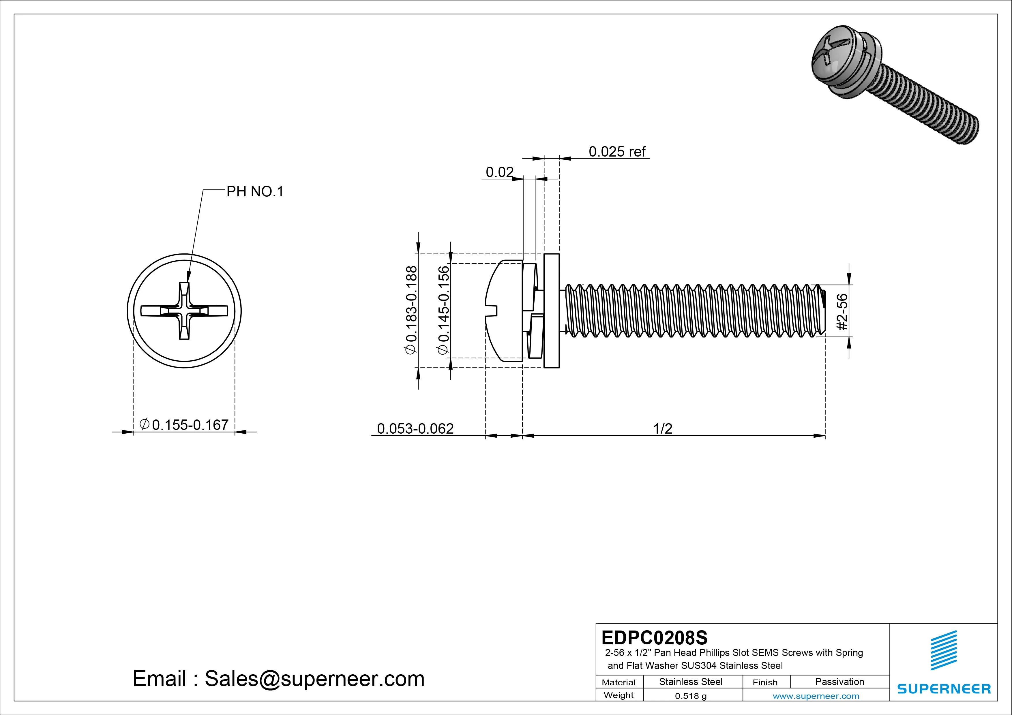 2-56 x 1/2" Pan Head Phillips Slot SEMS Screws with Spring and Flat Washer SUS304 Stainless Steel Inox