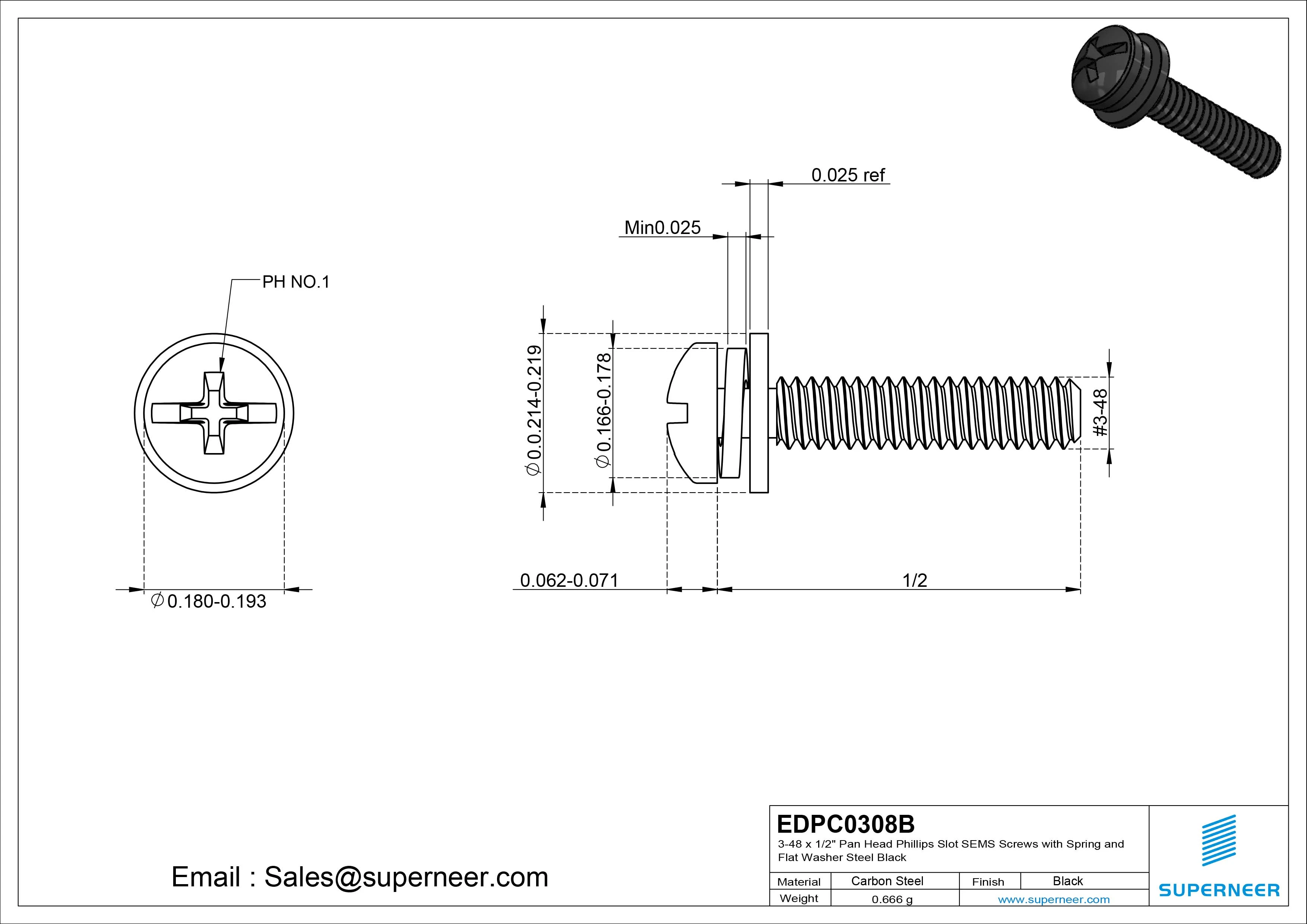 3-48 x 1/2" Pan Head Phillips Slot SEMS Screws with Spring and Flat Washer Steel Black