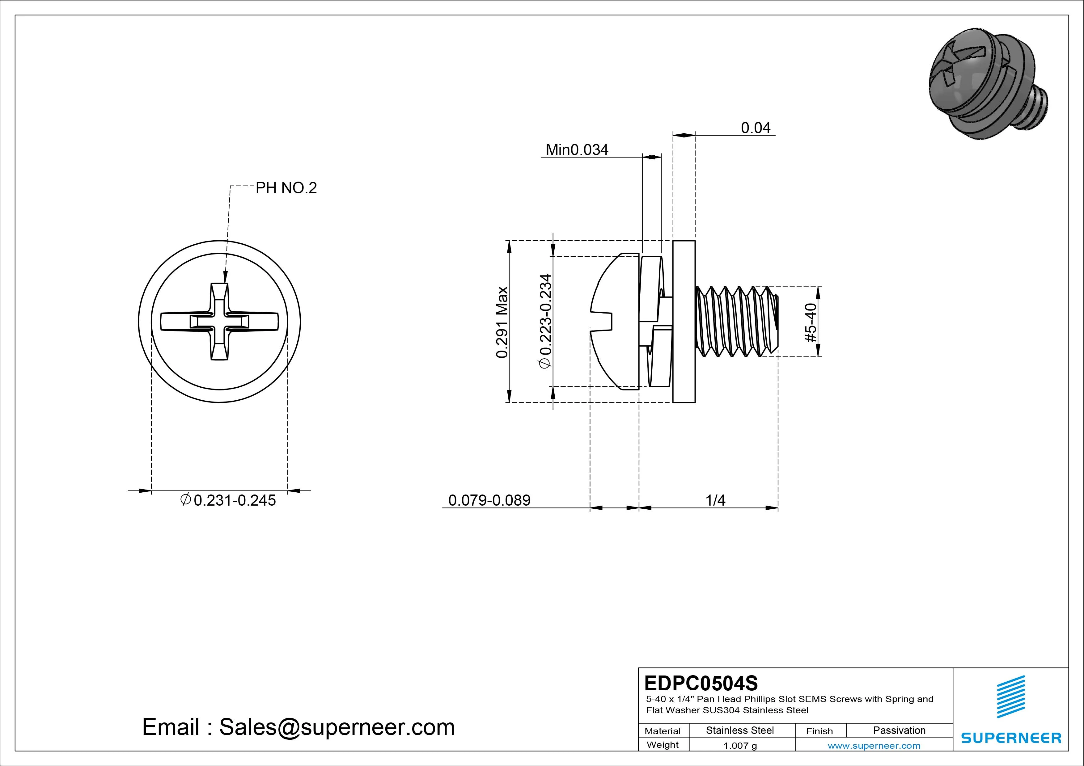 5-40 x 1/4" Pan Head Phillips Slot SEMS Screws with Spring and Flat Washer SUS304 Stainless Steel Inox