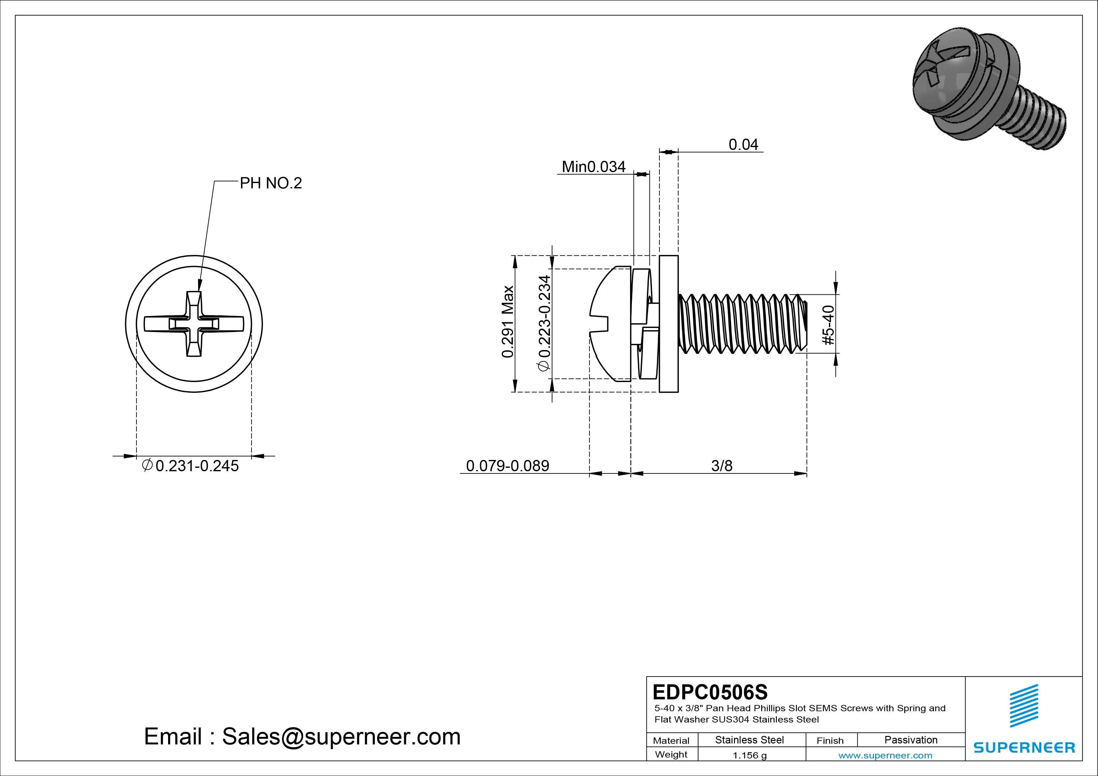 5-40 x 3/8" Pan Head Phillips Slot SEMS Screws with Spring and Flat Washer SUS304 Stainless Steel Inox