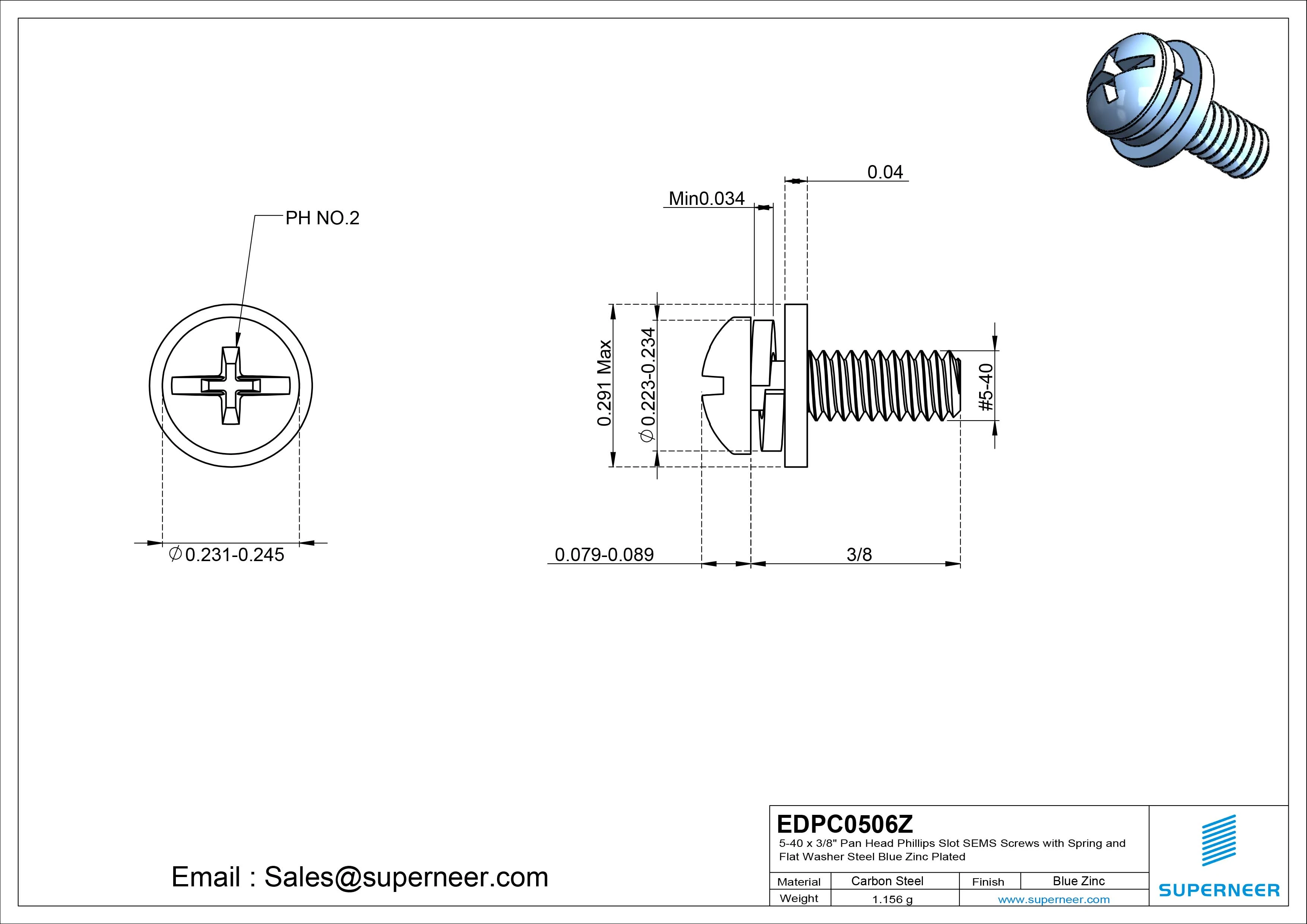5-40 x 3/8" Pan Head Phillips Slot SEMS Screws with Spring and Flat Washer Steel Blue Zinc Plated