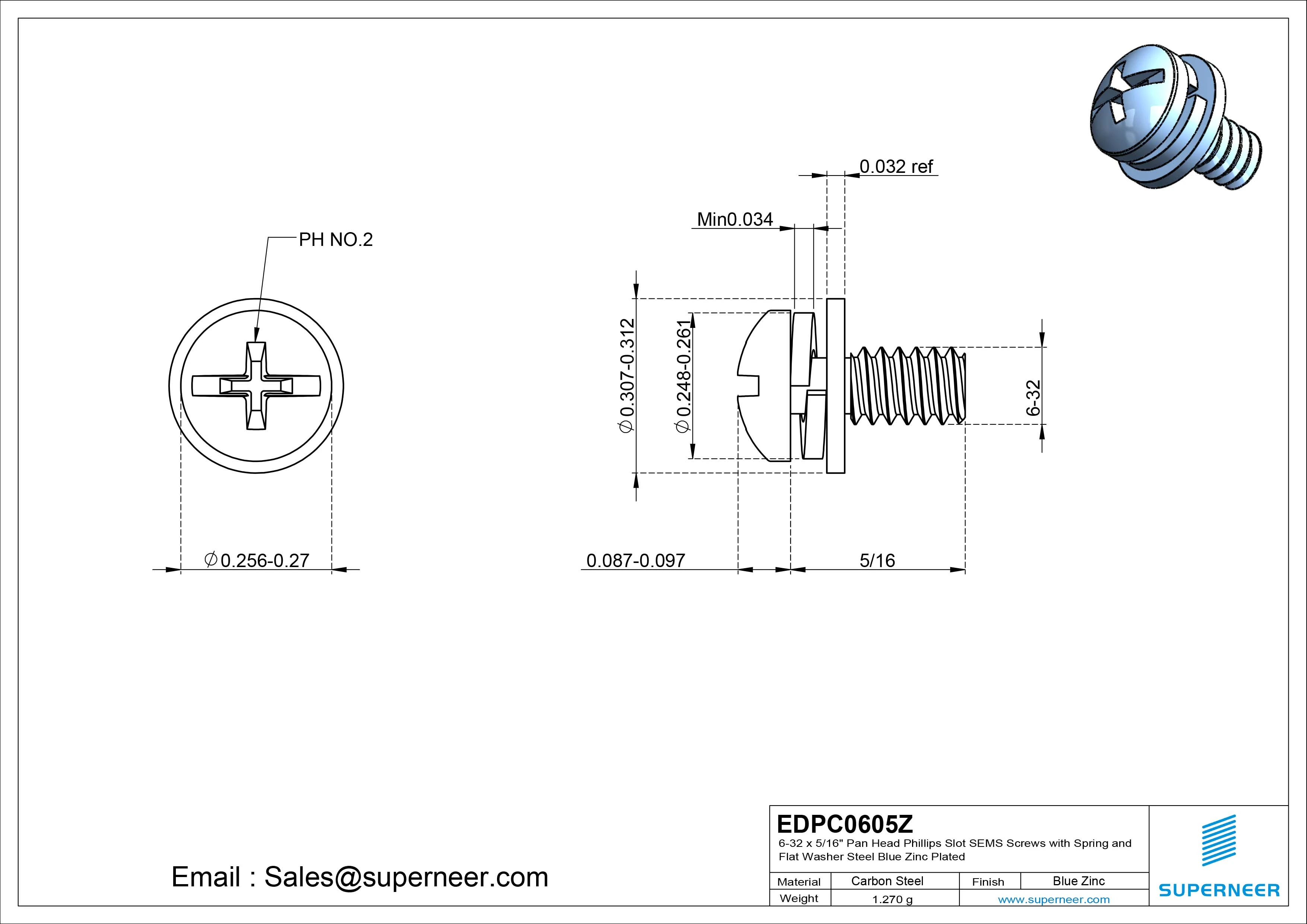 6-32 x 5/16" Pan Head Phillips Slot SEMS Screws with Spring and Flat Washer Steel Blue Zinc Plated