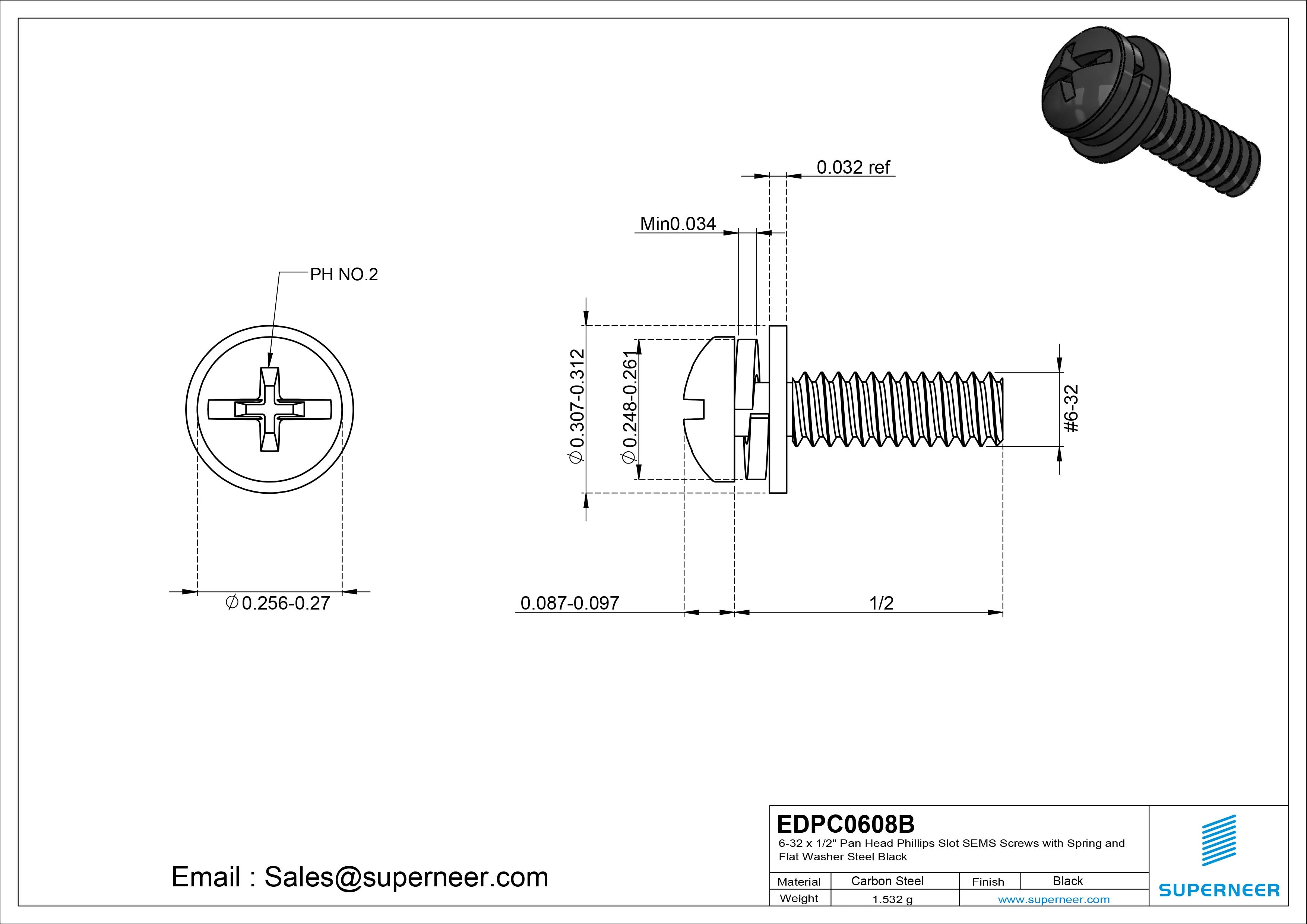 6-32 x 1/2" Pan Head Phillips Slot SEMS Screws with Spring and Flat Washer Steel Black