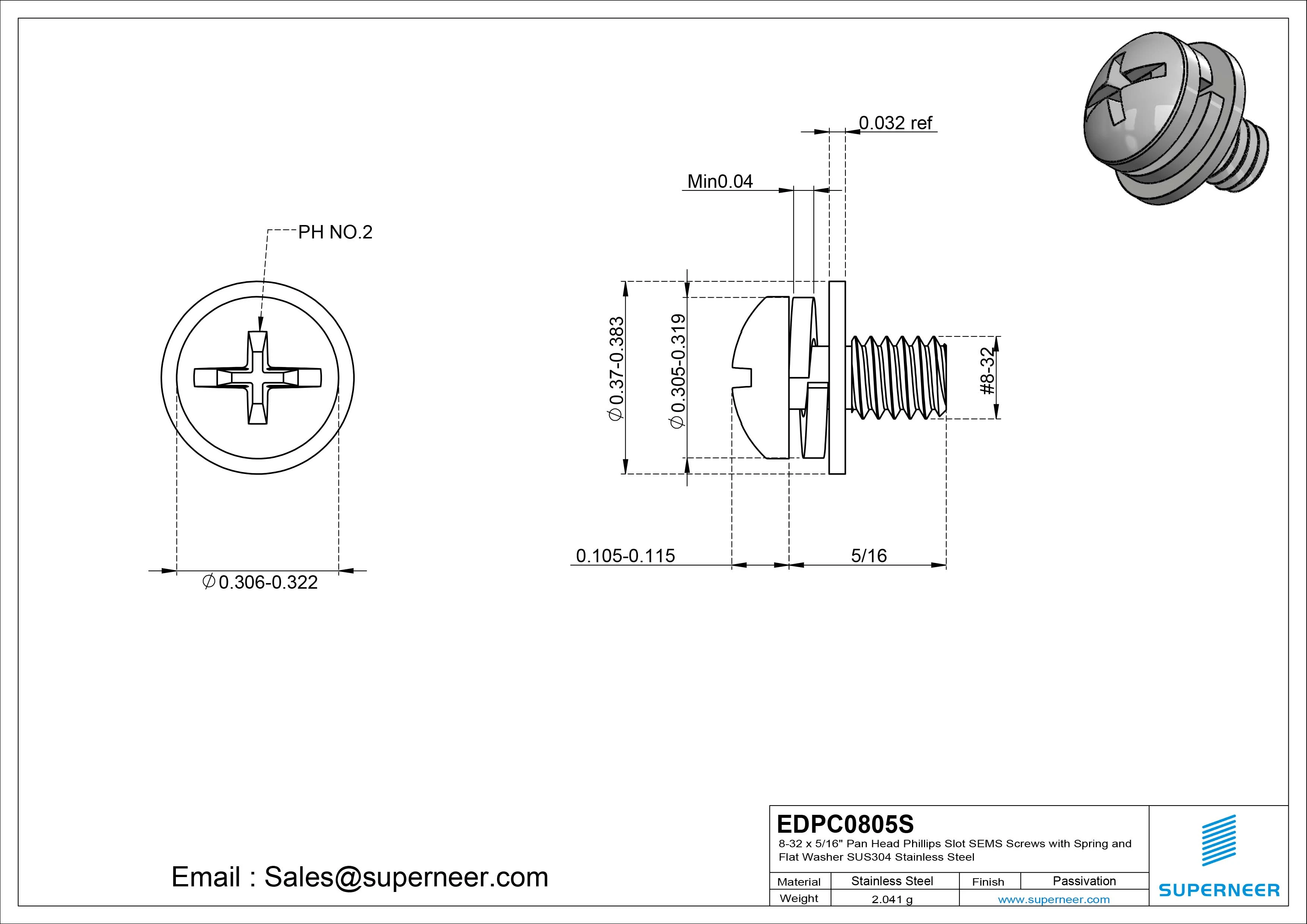 8-32 x 5/16" Pan Head Phillips Slot SEMS Screws with Spring and Flat Washer SUS304 Stainless Steel Inox