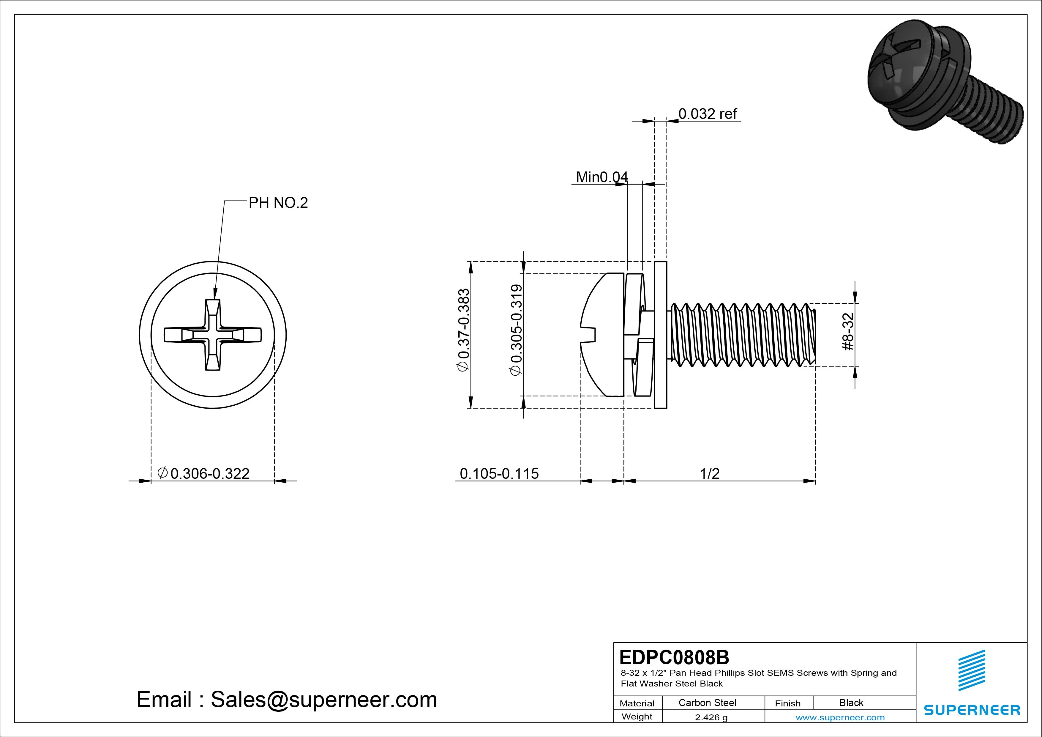 8-32 x 1/2" Pan Head Phillips Slot SEMS Screws with Spring and Flat Washer Steel Black