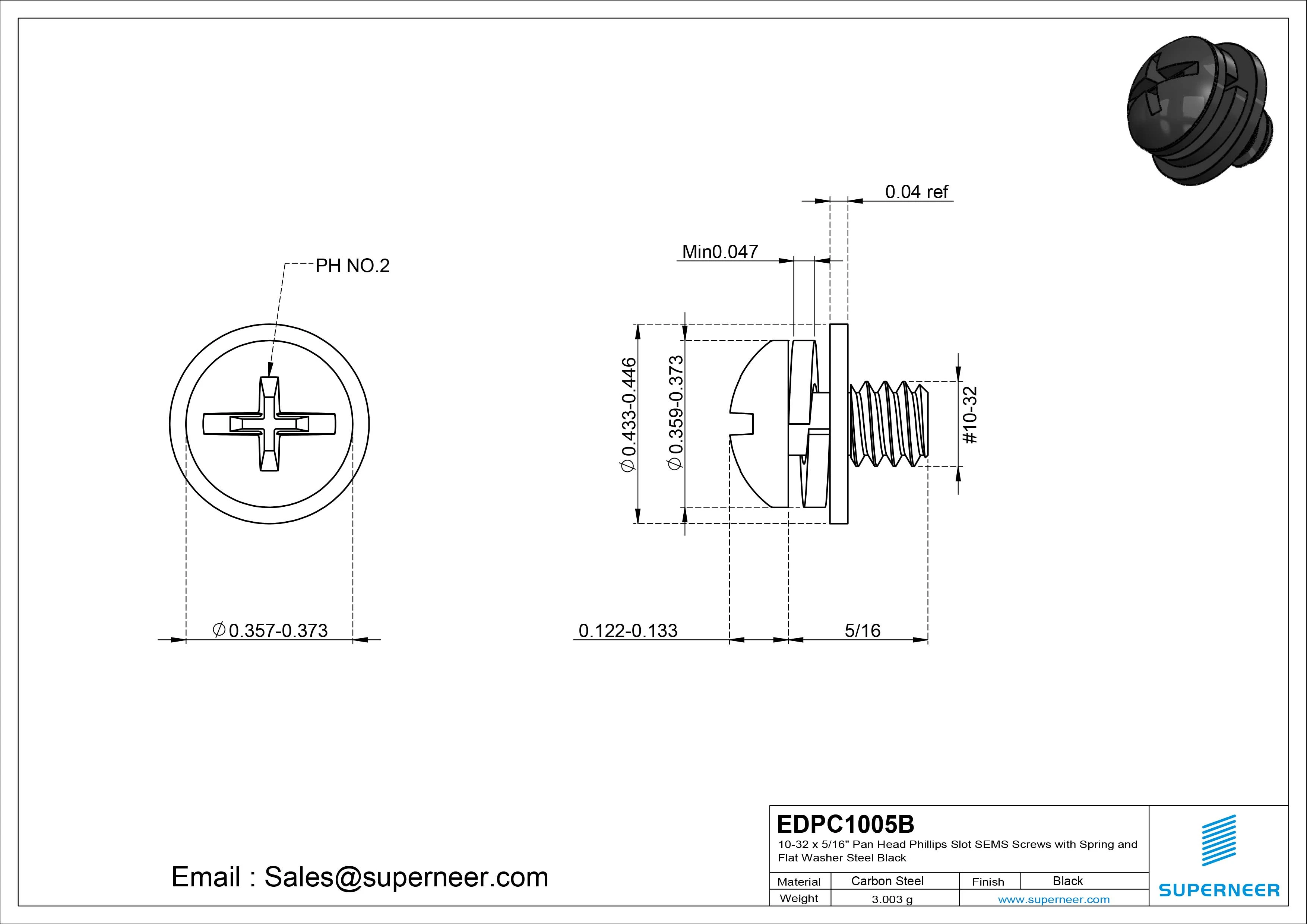 10-32 x 5/16" Pan Head Phillips Slot SEMS Screws with Spring and Flat Washer Steel Black