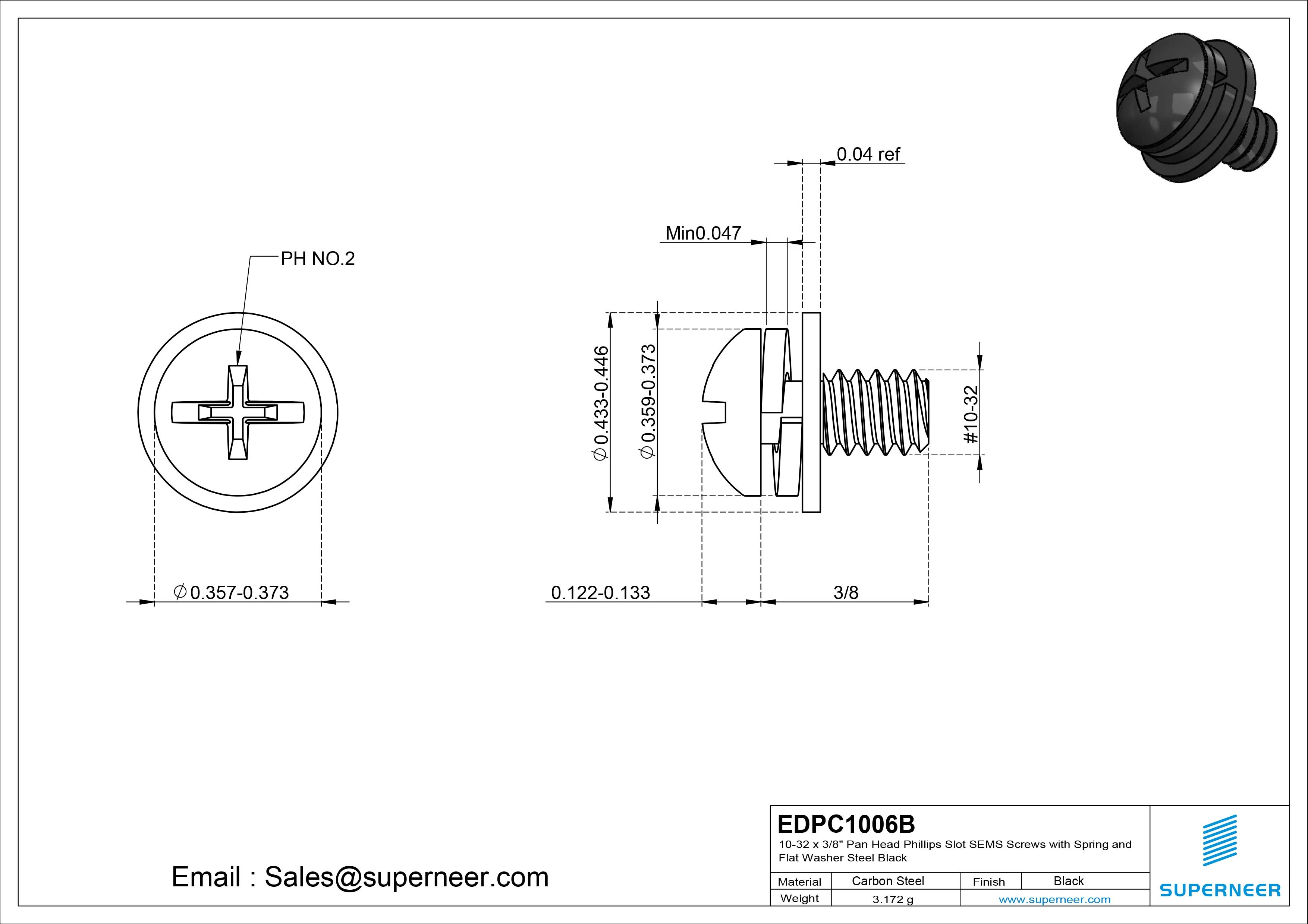 10-32 x 3/8" Pan Head Phillips Slot SEMS Screws with Spring and Flat Washer Steel Black