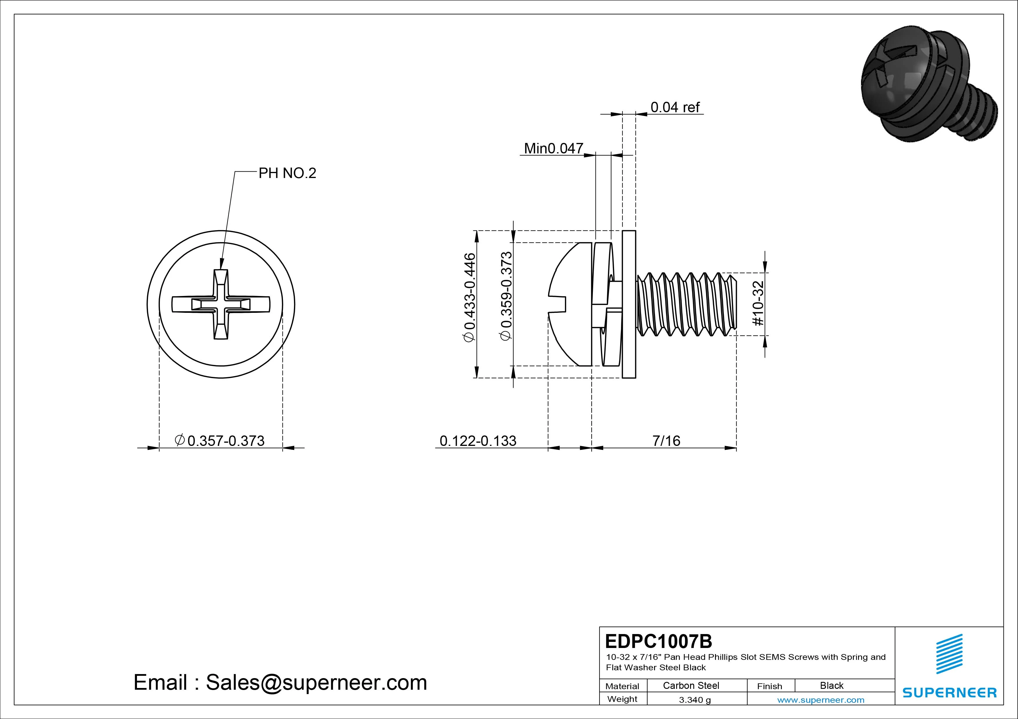 10-32 x 7/16" Pan Head Phillips Slot SEMS Screws with Spring and Flat Washer Steel Black