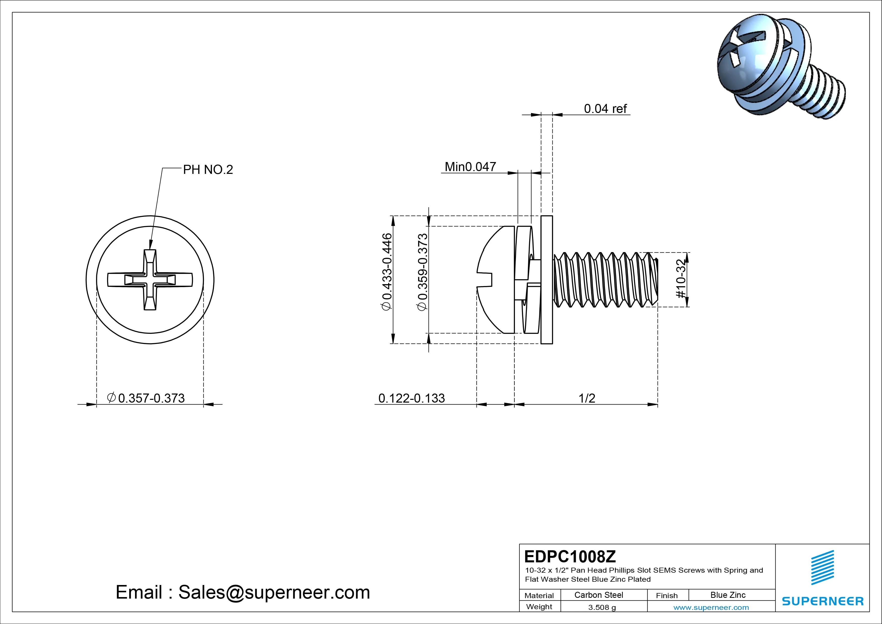 10-32 x 1/2" Pan Head Phillips Slot SEMS Screws with Spring and Flat Washer Steel Blue Zinc Plated