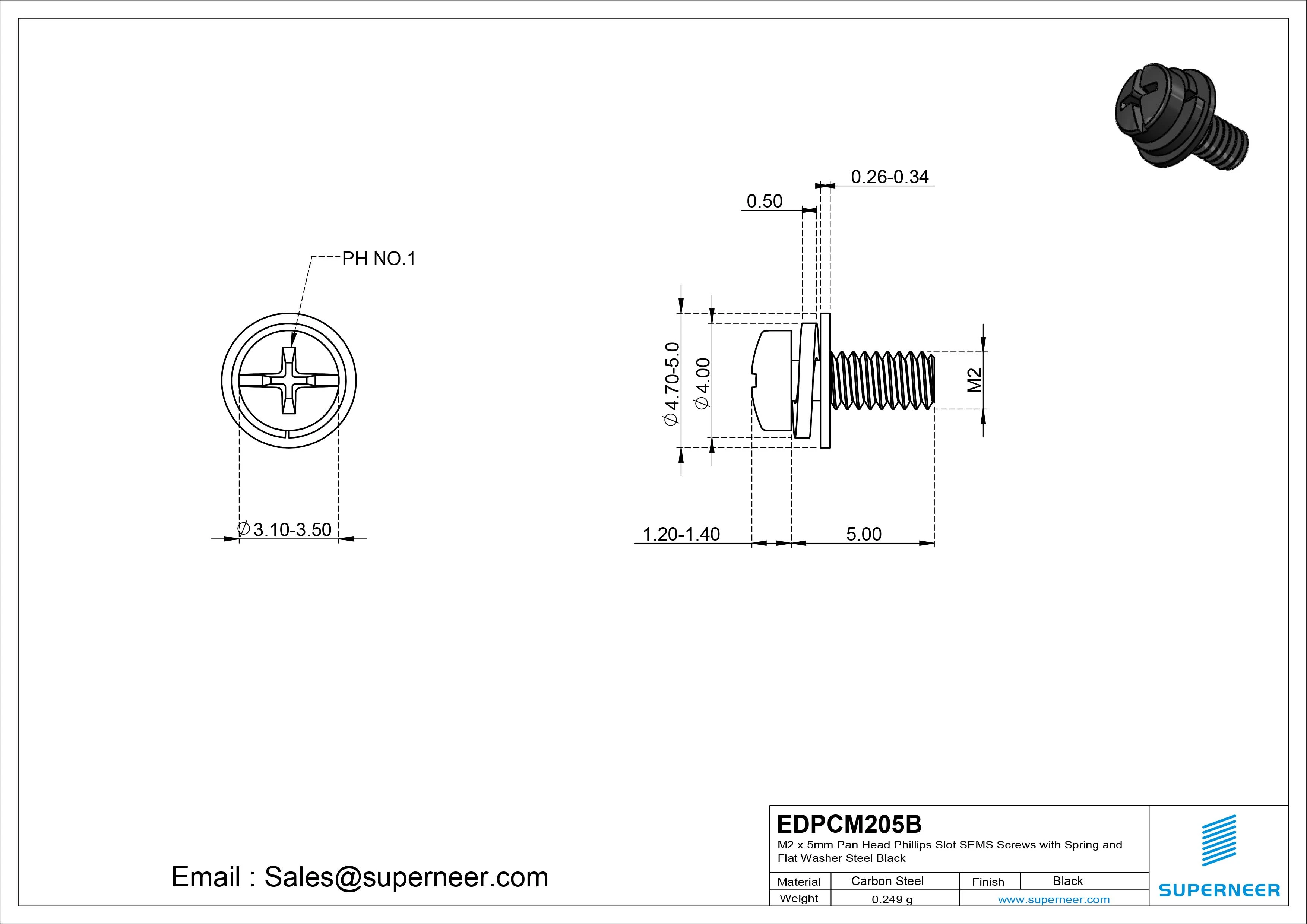M2 x 5mm Pan Head Phillips Slot SEMS Screws with Spring and Flat Washer Steel Black
