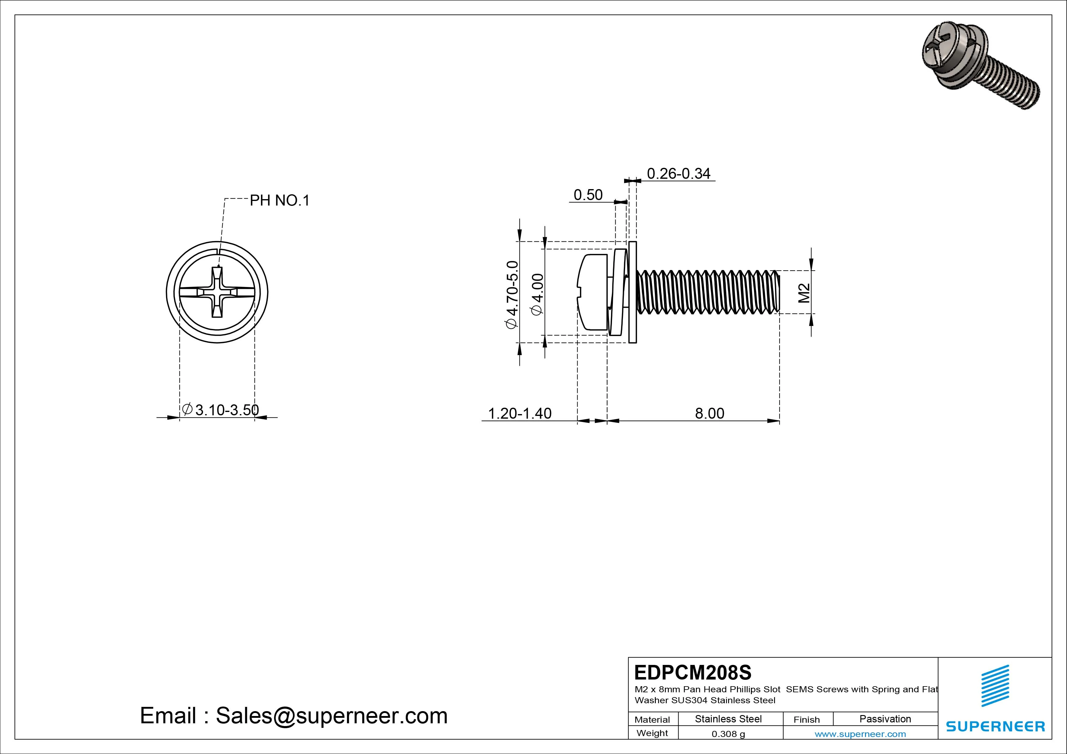M2 x 8mm Pan Head Phillips Slot SEMS Screws with Spring and Flat Washer SUS304 Stainless Steel Inox