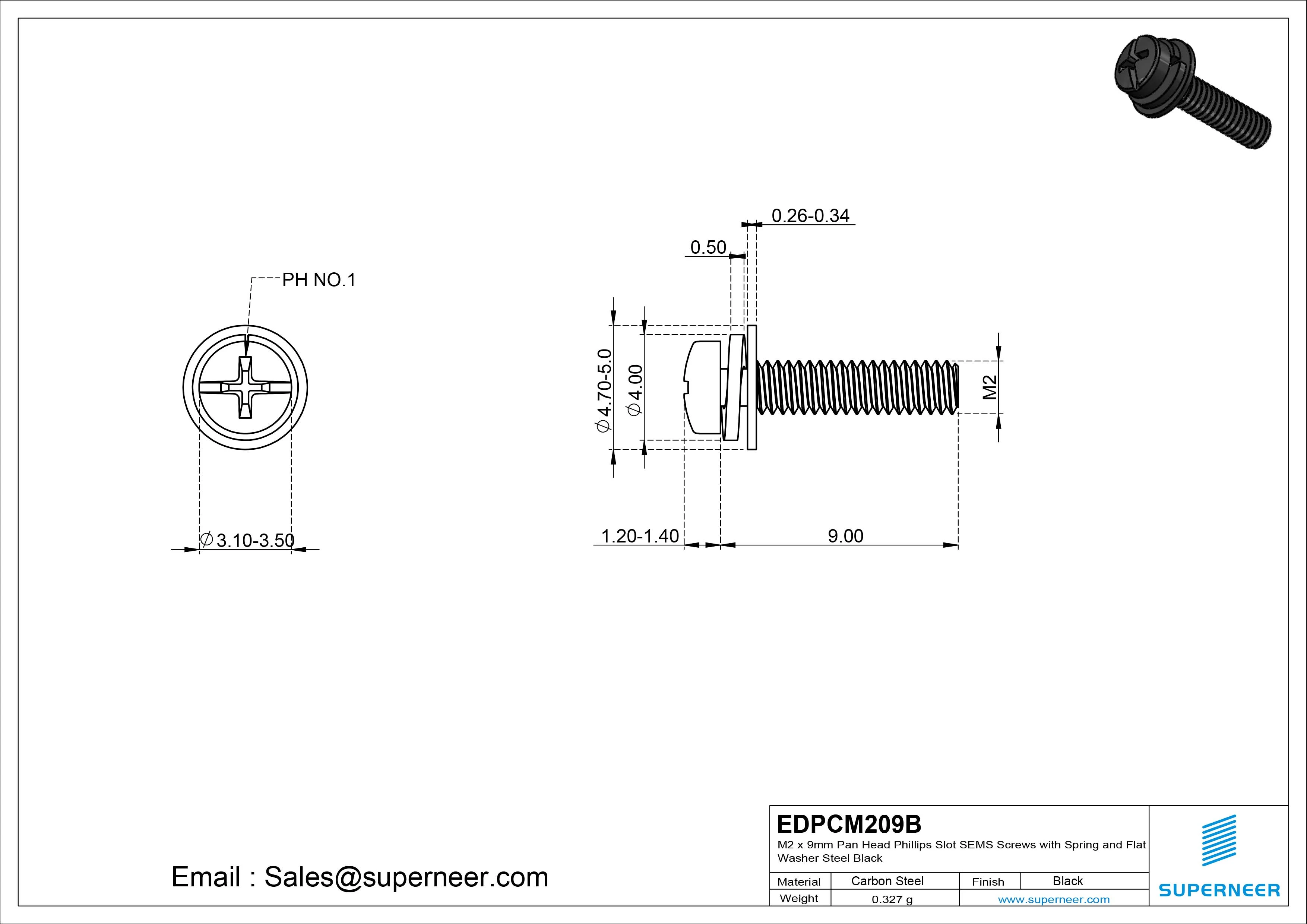 M2 x 9mm Pan Head Phillips Slot SEMS Screws with Spring and Flat Washer Steel Black