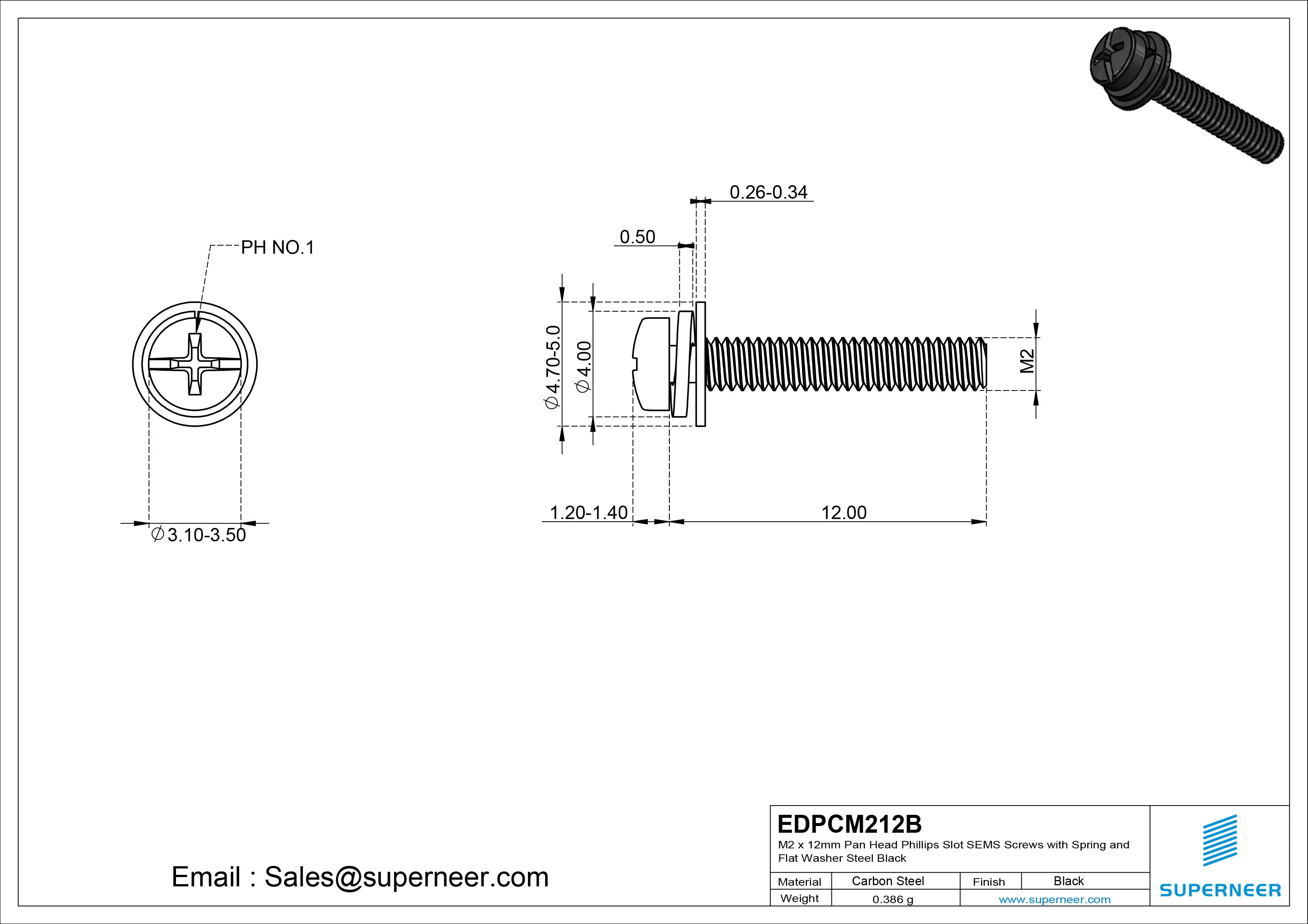 M2 x 12mm Pan Head Phillips Slot SEMS Screws with Spring and Flat Washer Steel Black