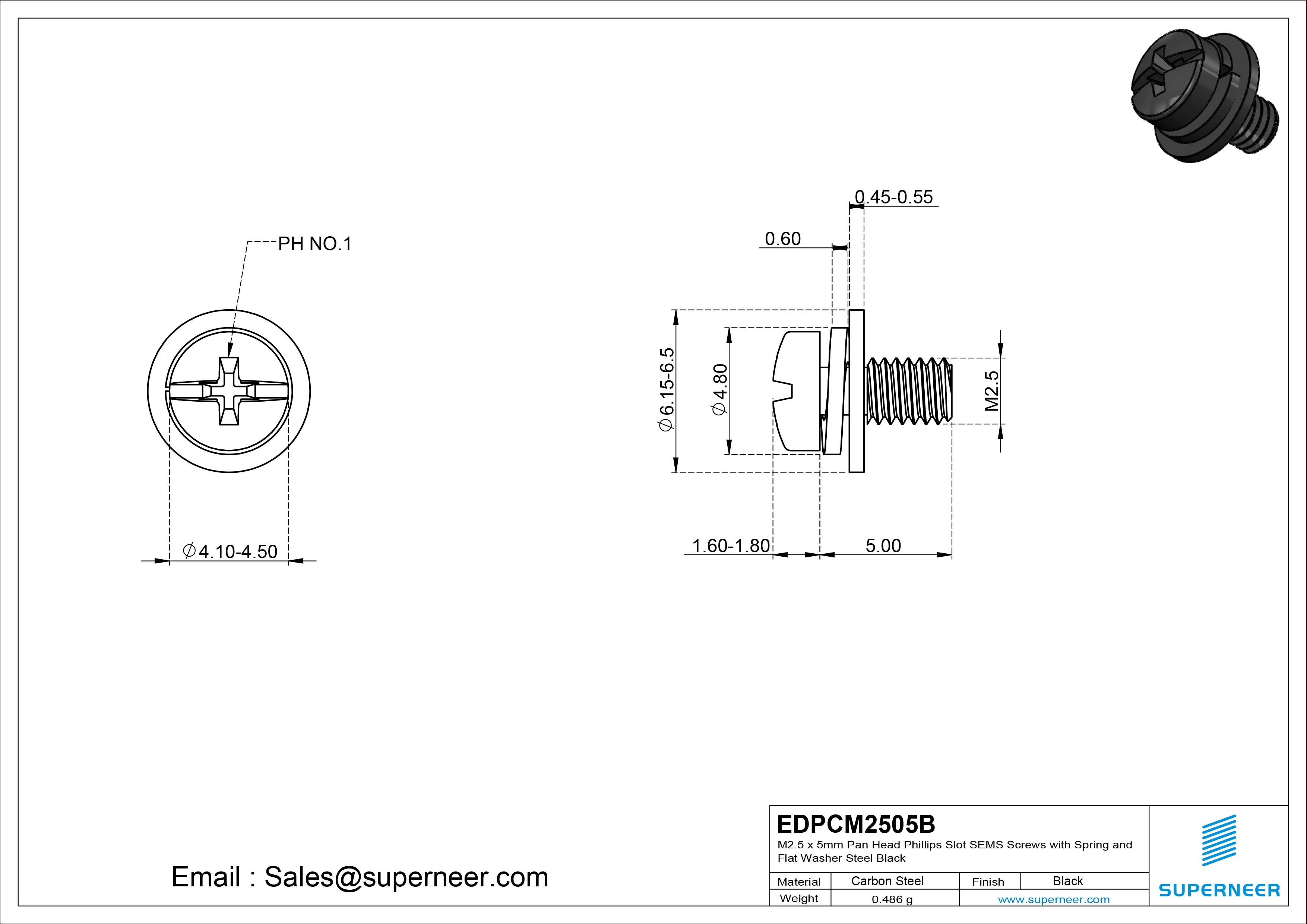 M2.5 x 5mm Pan Head Phillips Slot SEMS Screws with Spring and Flat Washer Steel Black