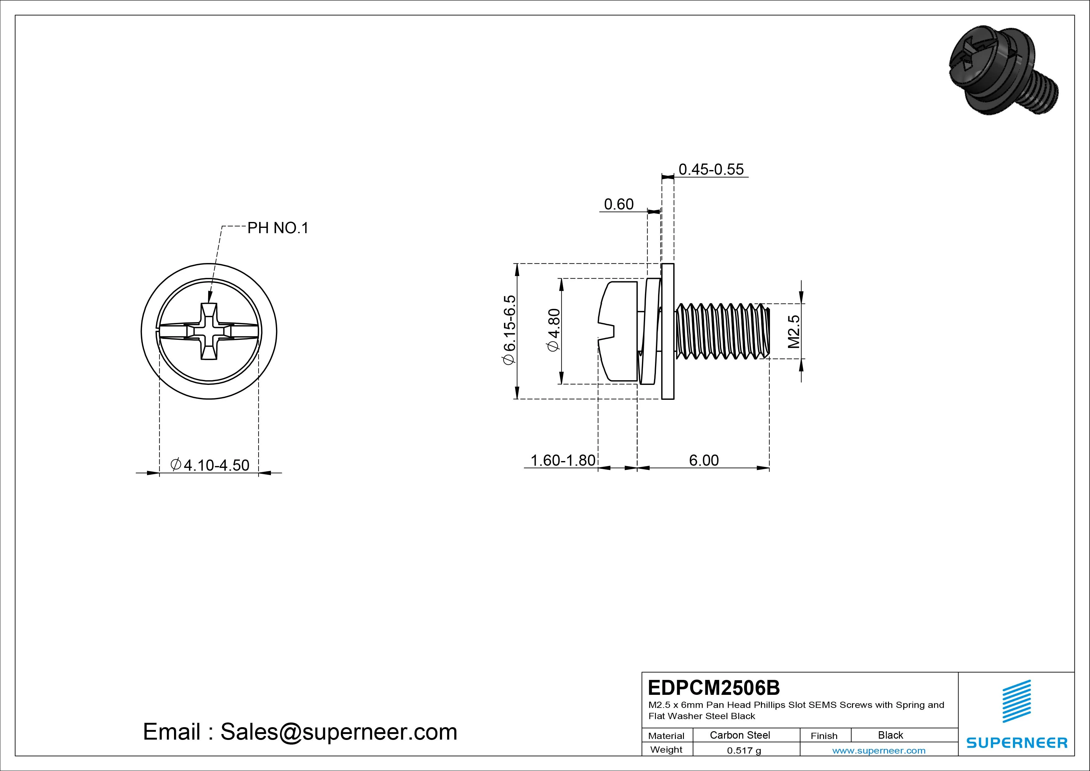 M2.5 x 6mm Pan Head Phillips Slot SEMS Screws with Spring and Flat Washer Steel Black